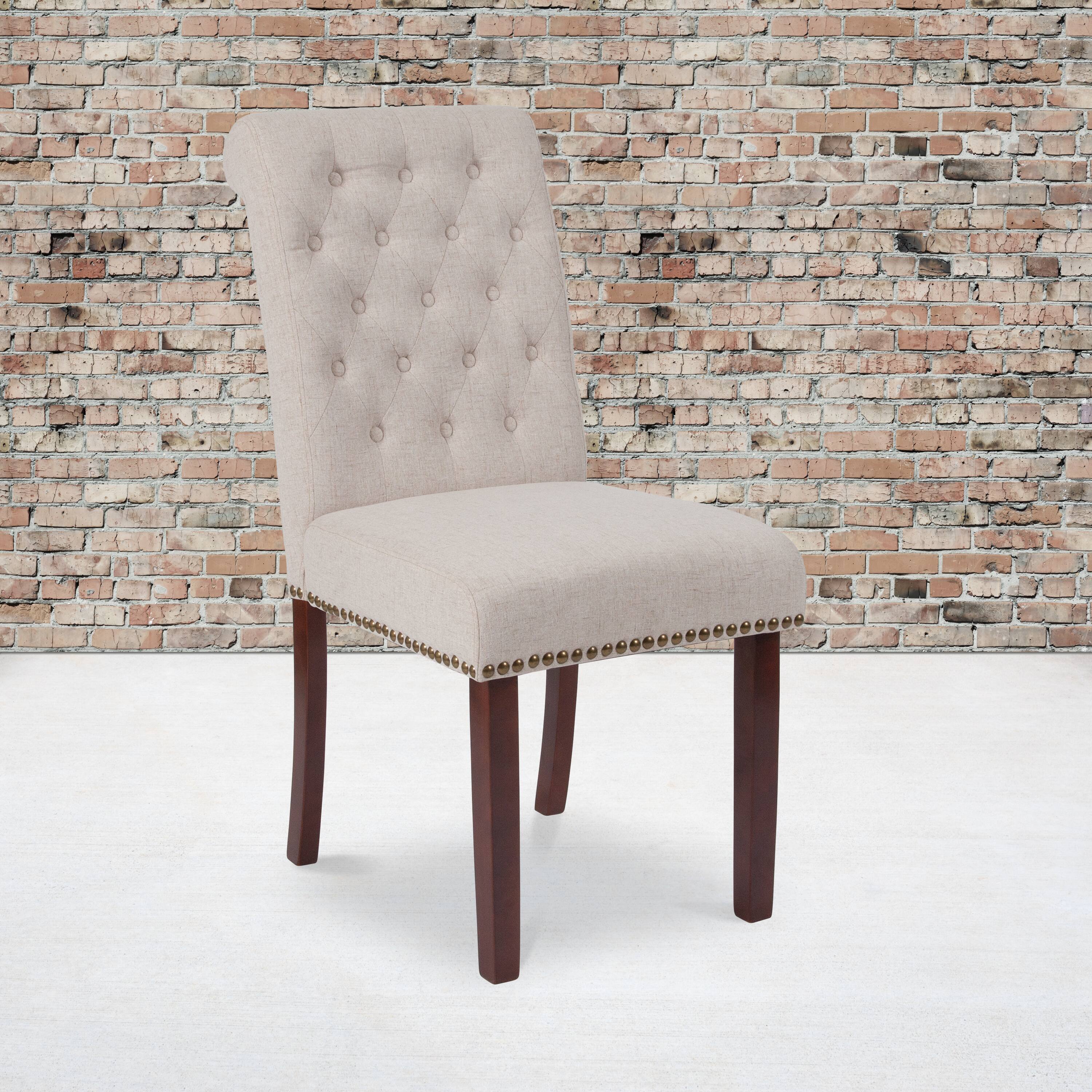 Front. Emma + Oliver - 2 PK Upholstered Rolled Back Parson's Chair with Nailhead Trim & Finished Frame with Plastic Floor Glides - Beige Fabric.