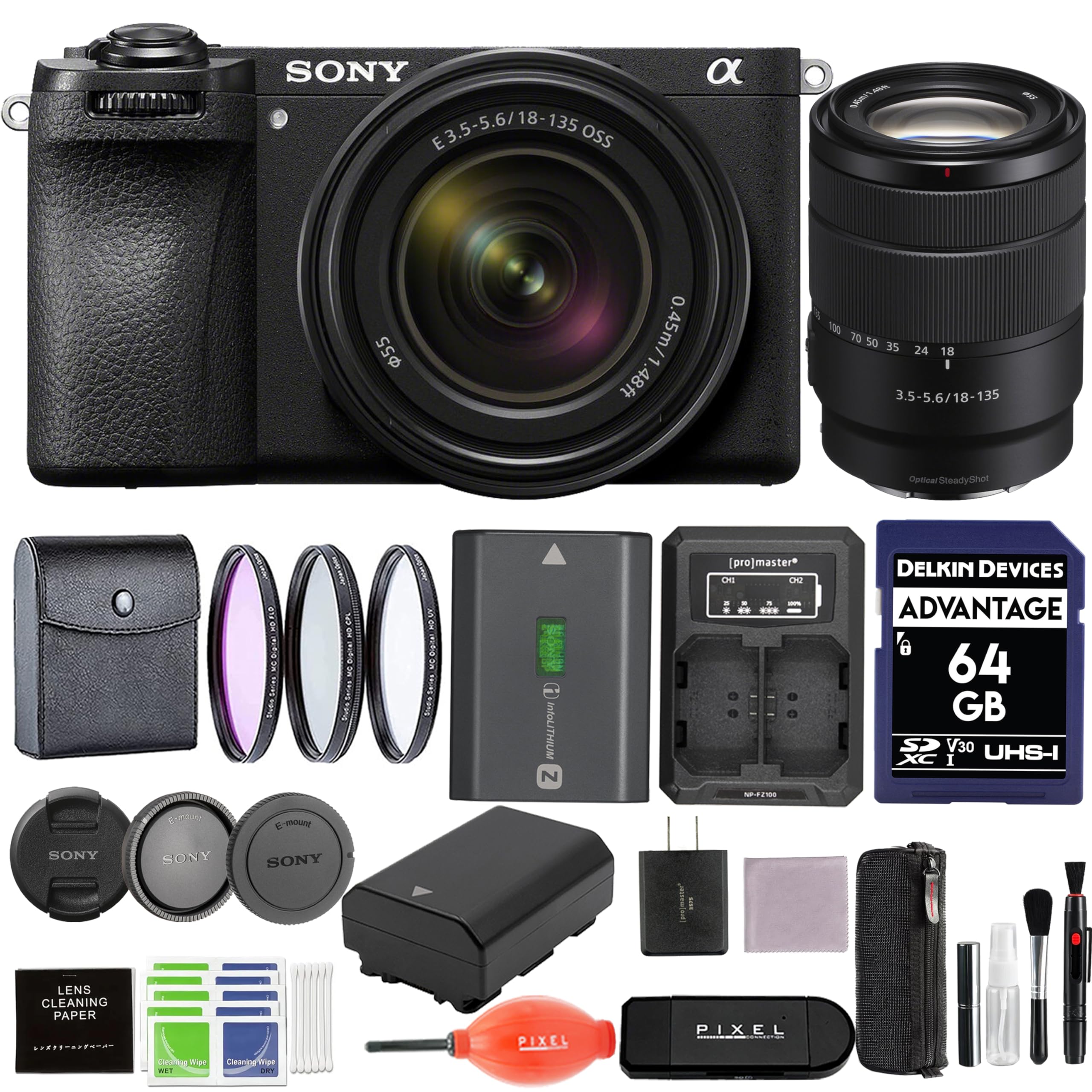 SONY 18-135 E3.5-5.6/18-135 OSS  
SONY 55-100  
SONY H INOLITHIUM  
0.45m/1.48ft  
pro]master  
LHS ON M-280  
DELKIN DEVICES ADVANTAGE 64 GB SP V30 XC I UHS-I  
LENS CLEANING PAPER  
PIXEL
