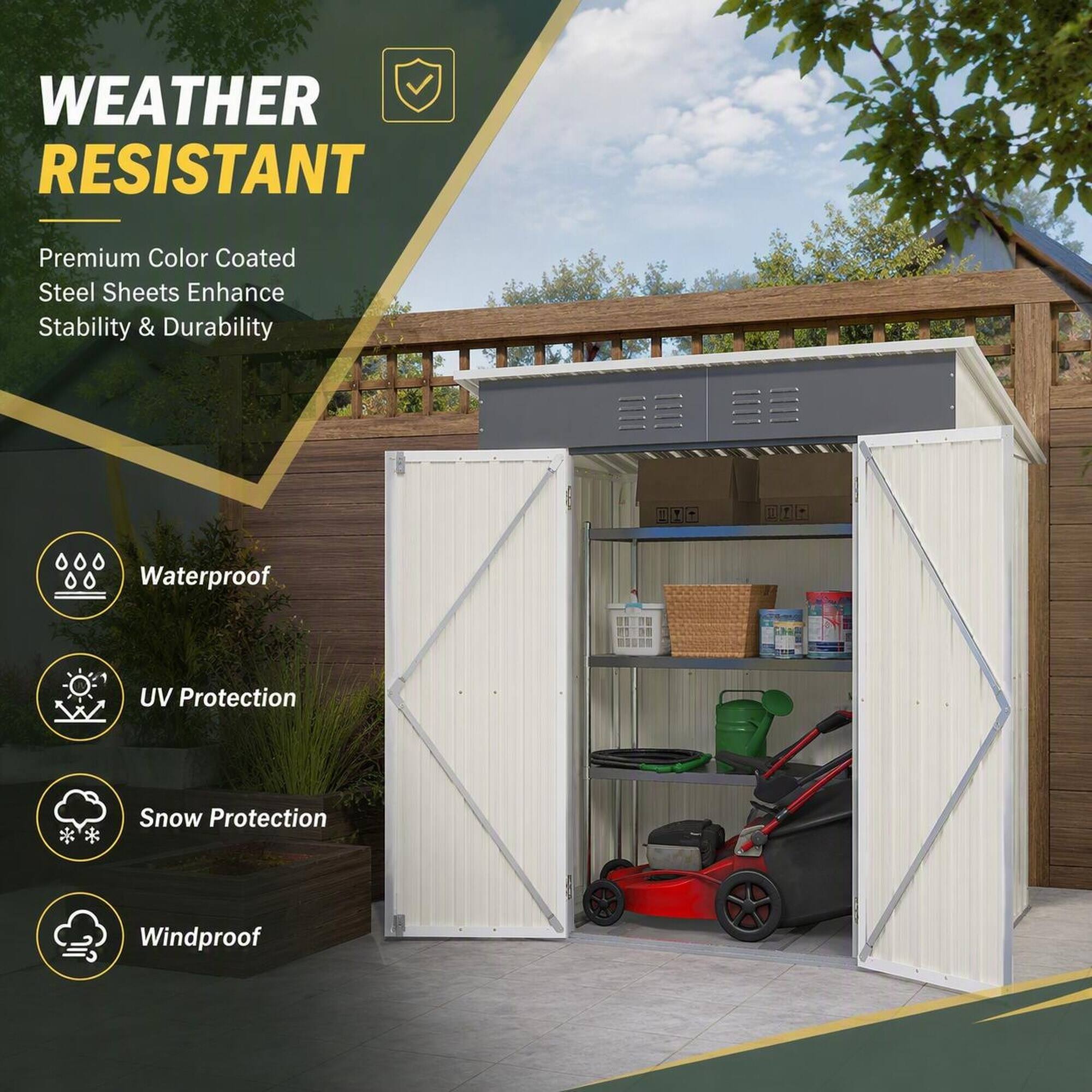 WEATHER RESISTANT

Premium Color Coated Steel Sheets Enhance Stability & Durability

- Waterproof
- UV Protection
- Snow Protection
- Windproof