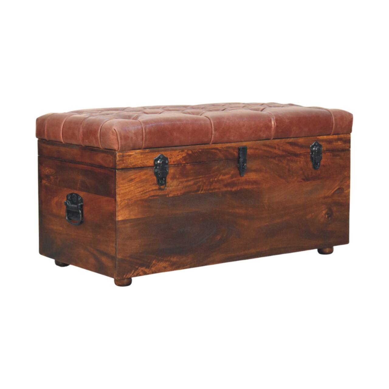Angle. Artisan Furniture - Artisan Furniture Solid Wood Brown Buffalo hide leather Storage Trunk, Upholstered, Dark Brown - Dark Brown.