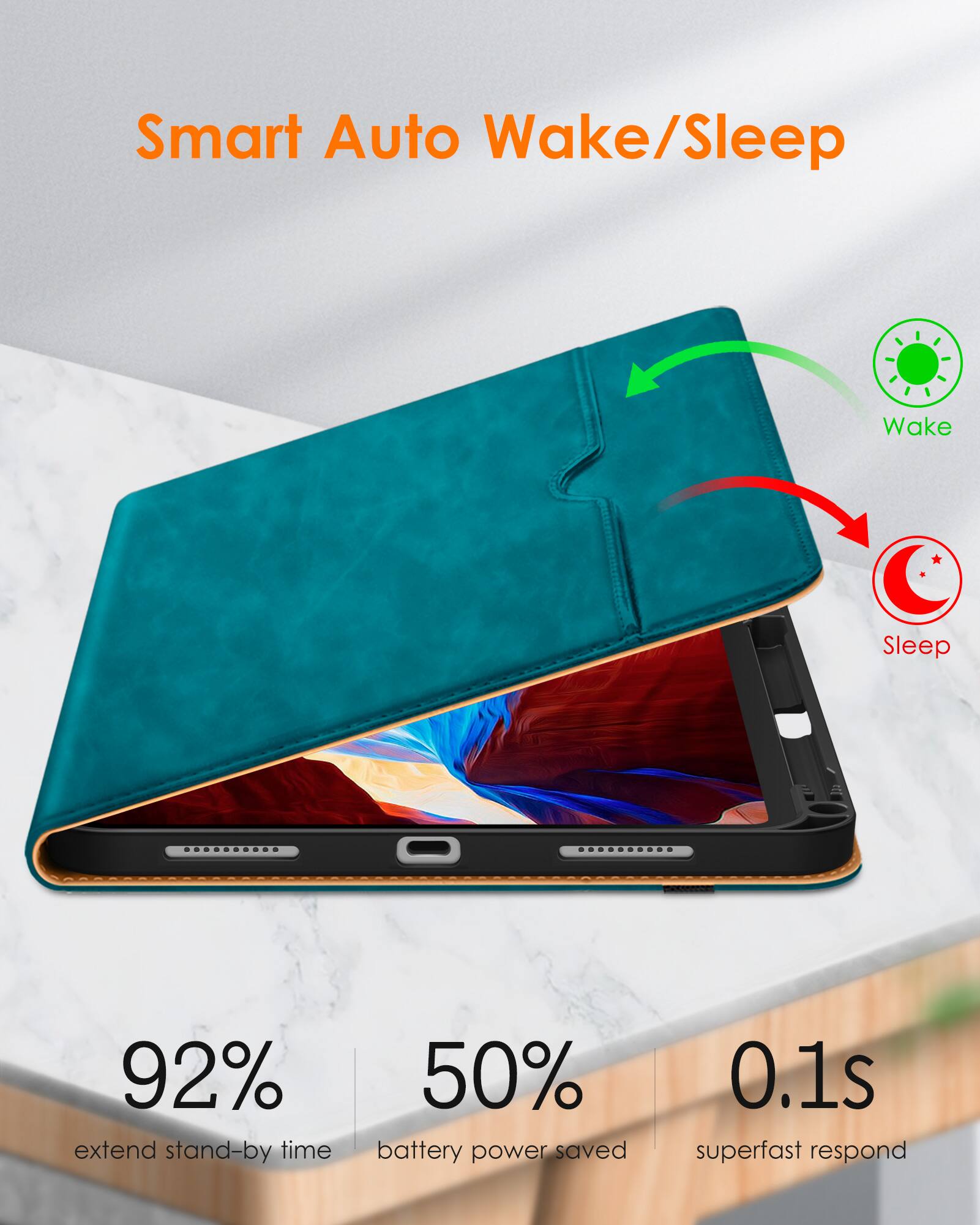 Smart Auto Wake/Sleep

- 92% extend stand-by time
- 50% battery power saved
- 0.1s superfast respond

Wake
Sleep