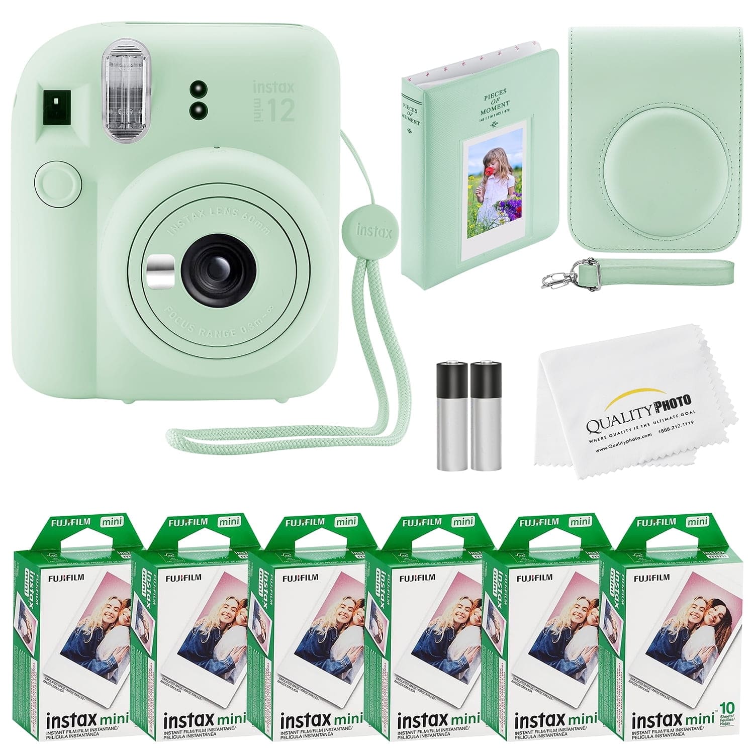 Fujifilm - Instax Mini 12 Instant Camera 60 Photo Prints Quality Photo Value Bundle Case Decoration Stickers Frames Photo Album - Mint Green