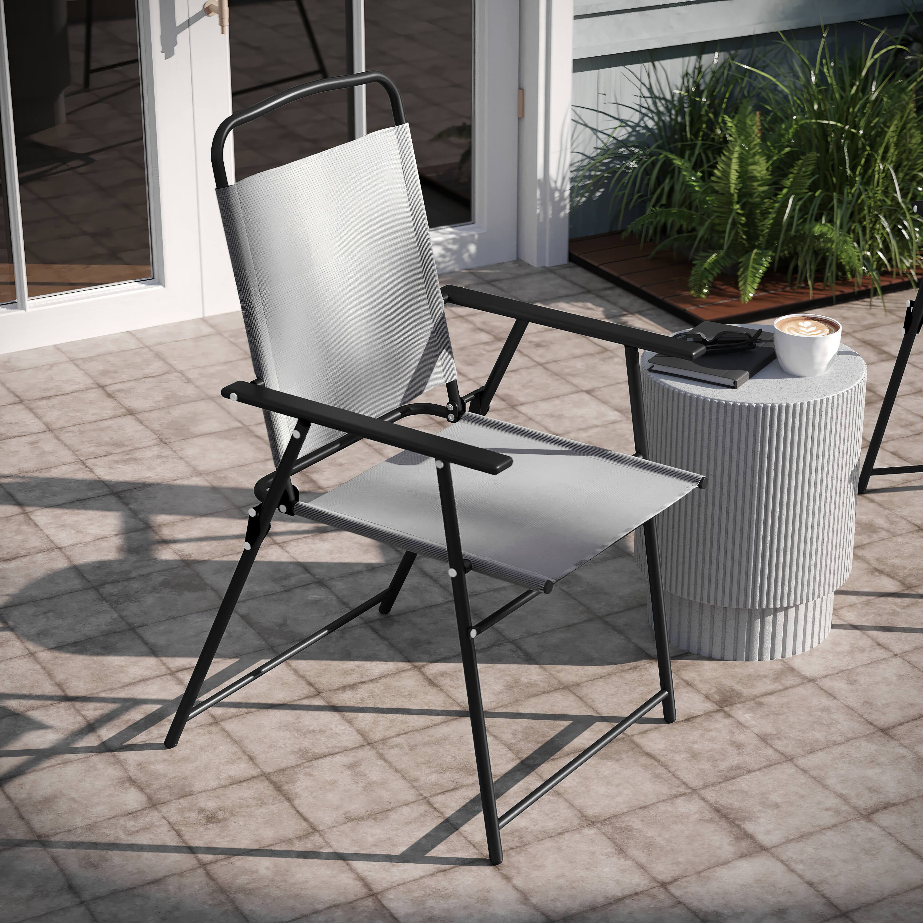 Alt View 4. Emma + Oliver - Munroe Set of 2 Textilene Folding Sling Style Patio Chairs with Armrests - Gray.