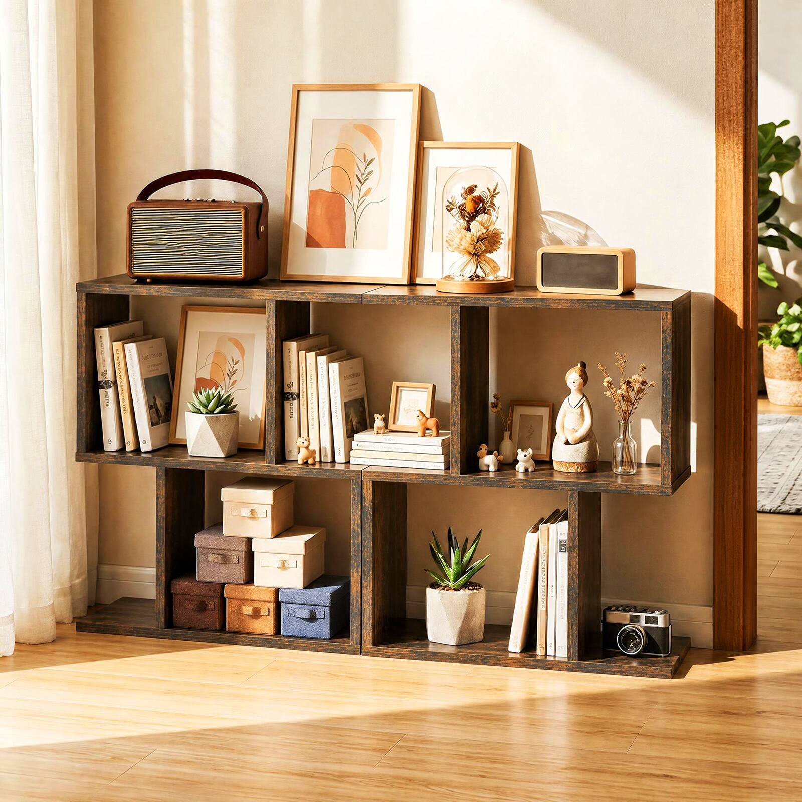 Alt View 1. Costway - Costway 2 PCS 2-Tier Bookshelf Free Standing Wooden Display S-Shaped Shelf Storage Rack - Brown.