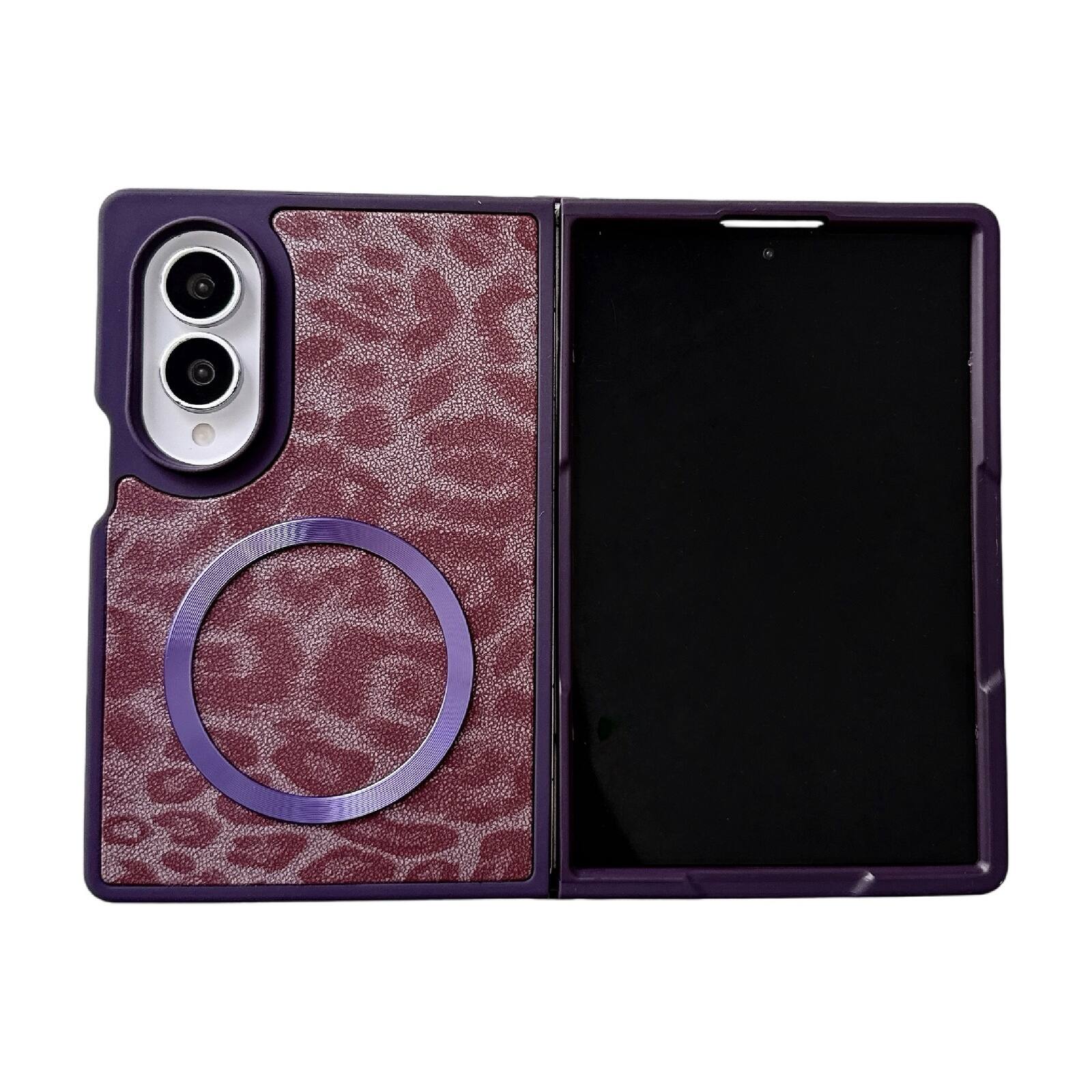 Angle. Dteck - Vintage Leopard Print Faux Leather Magnetic Case with Metal Ring Wireless Charging Cover for Samsung Galaxy Z Fold 8 - Purple.