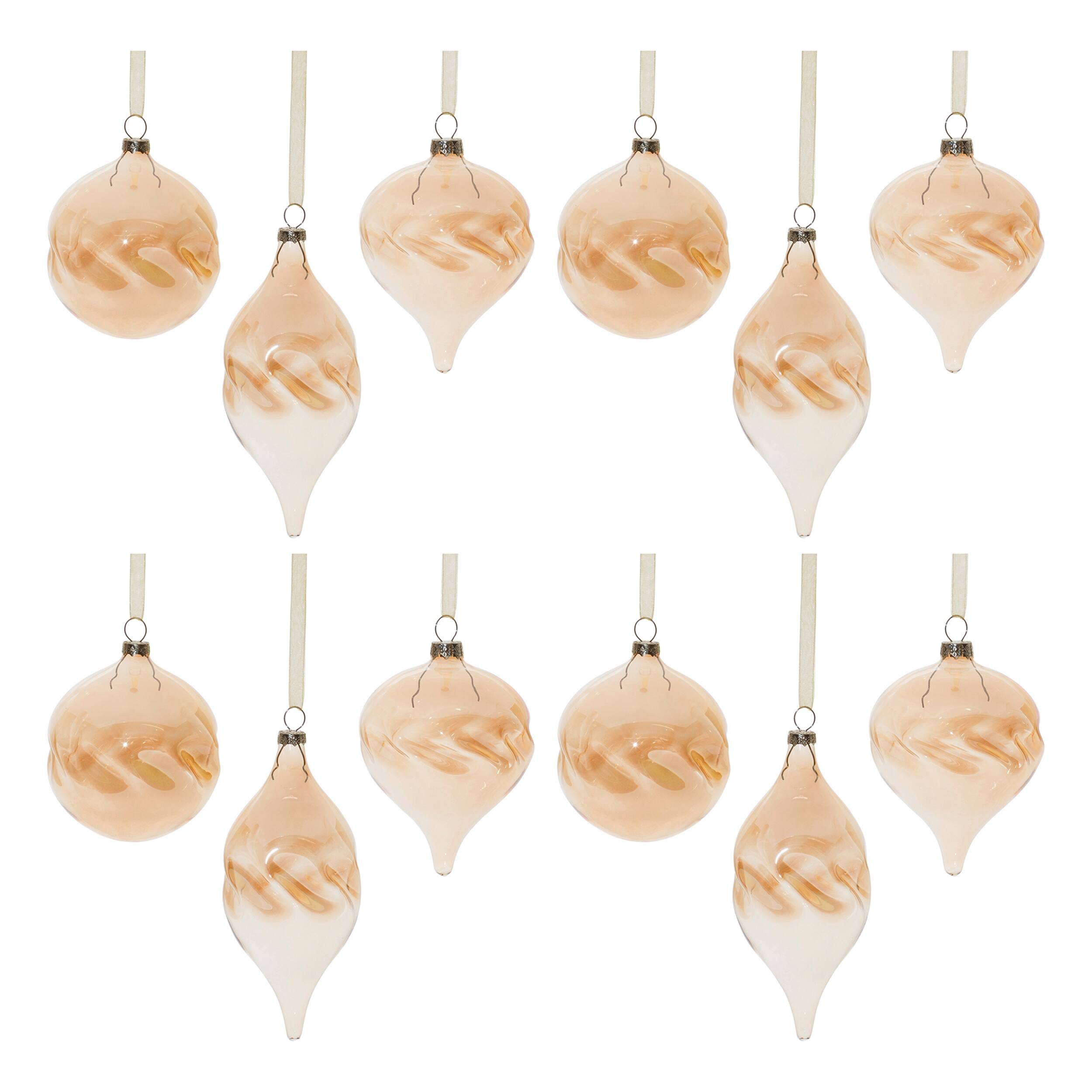 Alt View 3. BreeBe - Amber Ombre Wavy Glass Ornament (Set of 12) - Orange.