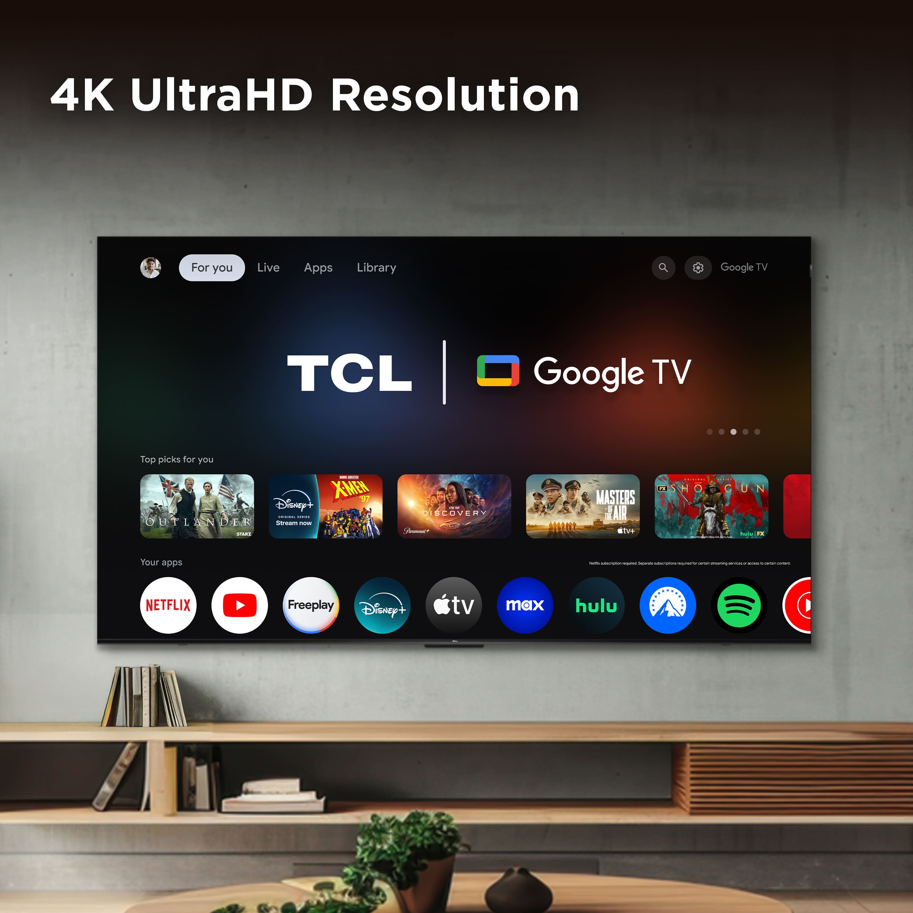 4K UltraHD Resolution For you Live Apps Library Google TV TCL Google TV Top picks for you I XMN Disney+ | | OUTLANDER - - -. : DISCOVERY - MC MASTERS AIR SIVE E m a Your apps : : : - : | 1 I I ee - I I I I NETFLIX Freeplay Disney+ tv max hulu
