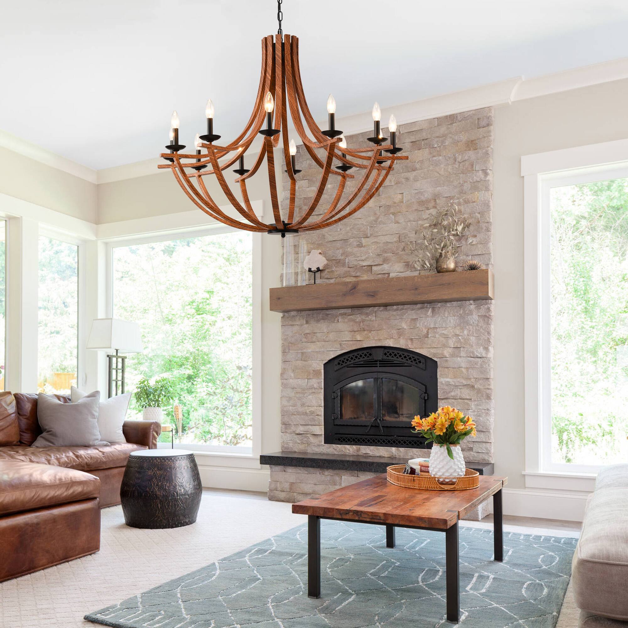 Alt View 1. RYHNUYNE - 40"Farmhouse Chandelier,12-Light Dining Room Light Fixture,Rustic Chandelier Wooden Light Fixtures for Living Room - Brown.