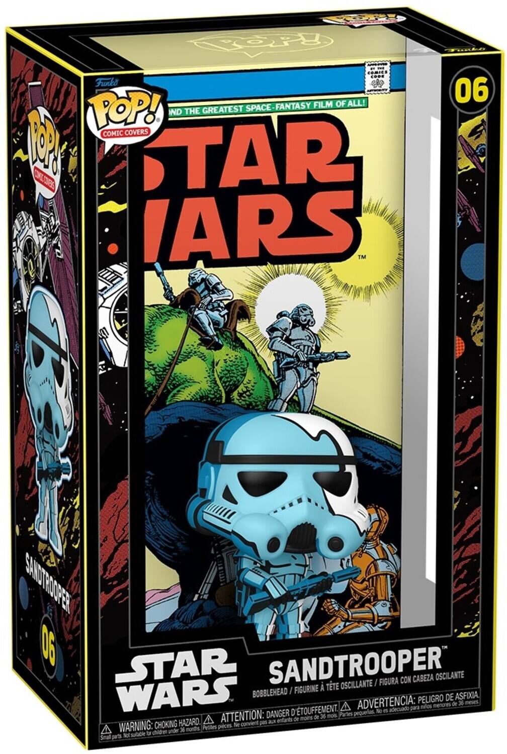 Sure, here is the corrected and grouped text from the image:

---

**Funko POP! Comic Covers**

**06**

**STAR WARS**

**SANDTROOPER**

**06**

**SANDTROOPER**

**BOBBLEHEAD / FIGURINE À TÊTE OSCILLANTE / FIGURA CON CABEZA OSCILANTE**

**WARNING: CHOKING HAZARD. Small parts. Not suitable for children under 36 months.**

**ATTENTION: DANGER D'ÉTOUFFEMENT. Petites pièces. Ne convient pas aux enfants de moins de 36 mois.**

**ADVERTENCIA: PELIGRO DE ASFIXIA. No es adecuado para niños menores de 36 meses.**

**COMICS CODE AUTHORITY**

**FIND THE GREATEST SPACE-FANTASY FILM OF ALL!**

**STAR WARS**

**SANDTROOPER**

**06**

**SANDTROOPER**

**BOBBLEHEAD / FIGURINE À TÊTE OSCILLANTE / FIGURA CON CABEZA OSCILANTE**

**WARNING: CHOKING HAZARD. Small parts. Not suitable for children