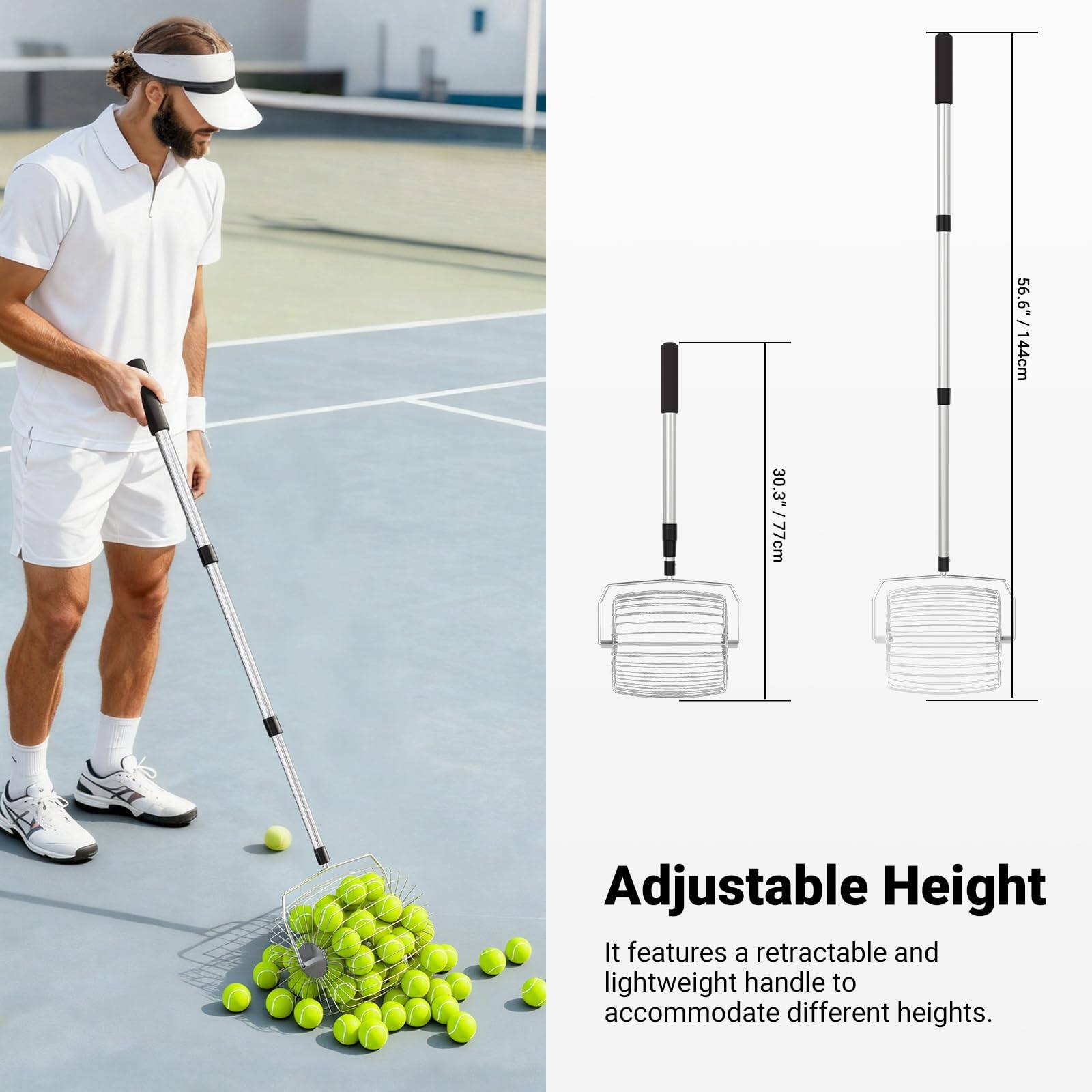 30.3" / 77cm  
56.6" / 144cm  
Adjustable Height  
It features a retractable and lightweight handle to accommodate different heights.