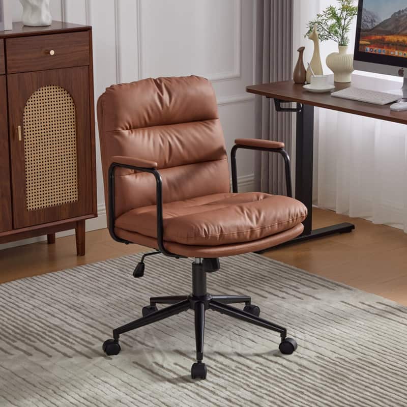 HTUTWOO - PU Leather Office Chair, 360° Swivel, Height Adjustable with Wheels & Padded Arms,for Home Office, Study - Brown