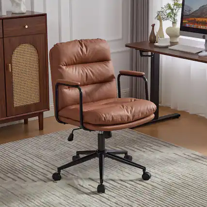Front. HTUTWOO - PU Leather Office Chair, 360° Swivel, Height Adjustable with Wheels & Padded Arms,for Home Office, Study - Brown.