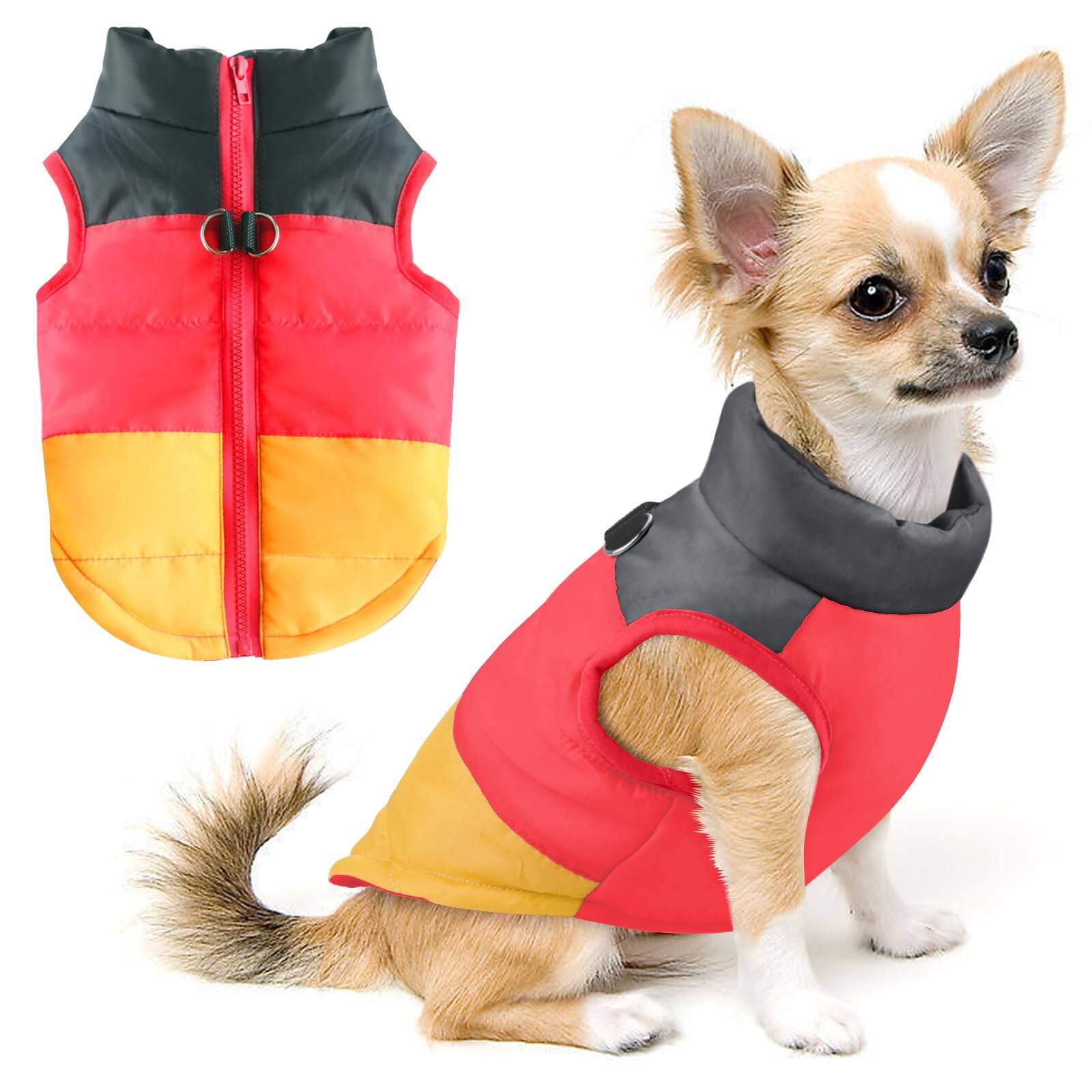 Paradigms Interiors - Pet Dog Cat Coat With Leash Anchor Color Patchwork Padded Puppy Vest Jacket Teddy Chihuahua Costumes Pug - Yellow-XL(Chest-19.5",Neck-13")