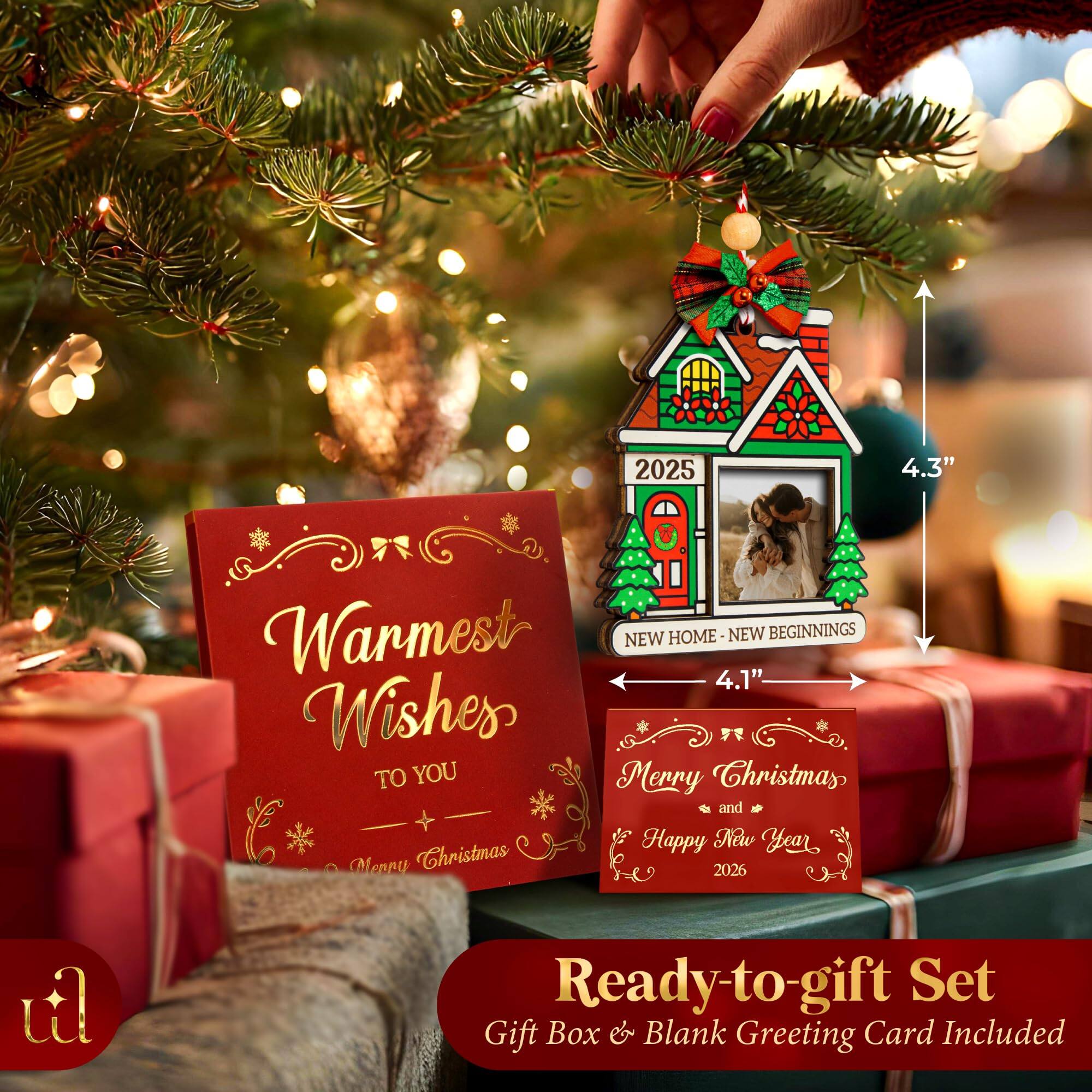 2025  
4.3"  
NEW HOME - NEW BEGINNINGS  
4.1"  

Warmest Wishes  
TO YOU  
Merry Christmas & Happy New Year  

Merry Christmas  
and  
Happy New Year  
2026  

Ready-to-gift Set  
Gift Box & Blank Greeting Card Included