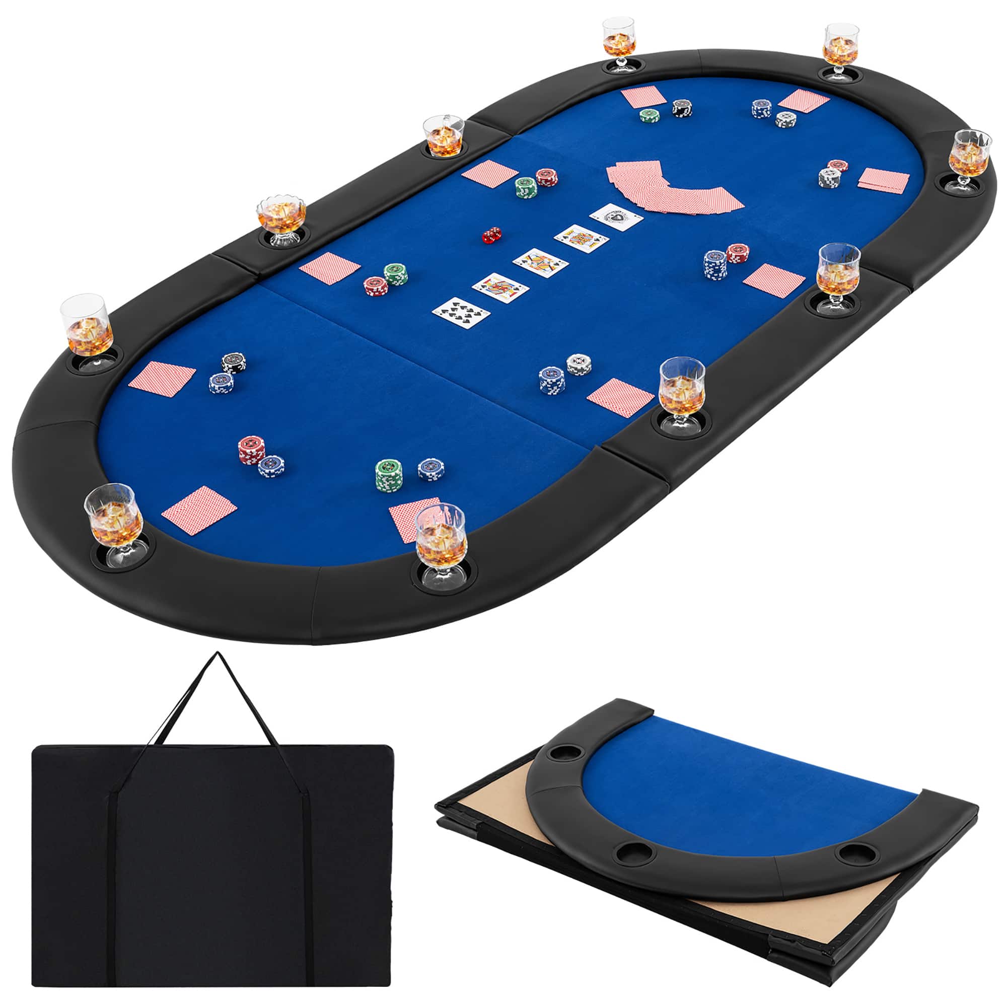 Gymax - 84'' x 42'' 10-Player Foldable Padded Poker Table Top w/ Carrying Bag Cup Holders - Blue