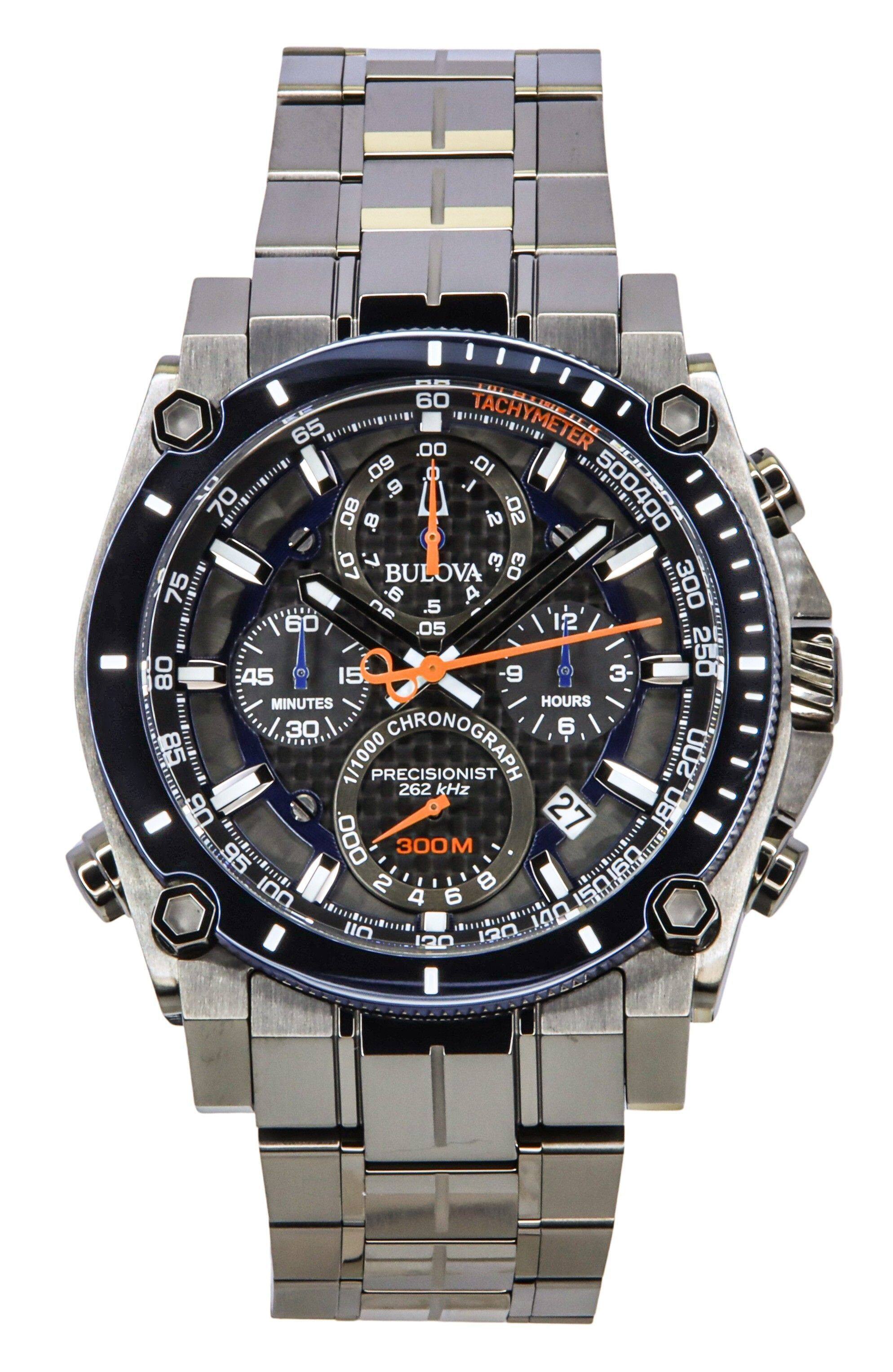 BULOVA  
PRECISIONIST CHRONOGRAPH  
262 kHz  
1/1000 PRECISIONIST  
300M  
TACHYMETER  
MINUTES  
HOURS  
60 65 00  
.09 .10 .9 .9 500 400 70 80 .S .02 .B .07 .3 03 BULOVA 75 ne .6 .5 A 300 60 .05 12 08 45 15 9 3 250 MINUTES HOURS 30 6 IMI 85 1/1000 PRECISIONIST CHRONOGRAPH 200 262 kHz U6 27 180 95 *EIREEXIRISTI 000 300M 6R 100 2 4 6 8 50I60 50 130 140 120
