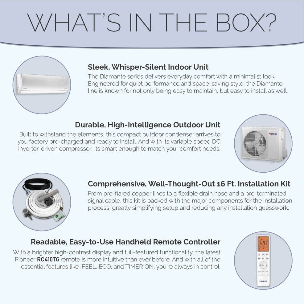 WHAT'S IN THE BOX?

Sleek, Whisper-Silent Indoor Unit
The Diamante series delivers everyday comfort with a minimalist look. Engineered for quiet performance and space-saving style, the Diamante line is known for not only being easy to maintain, but easy to install as well.

Durable, High-Intelligence Outdoor Unit
Built to withstand the elements, this compact outdoor condenser arrives to you factory pre-charged and ready to install. And with its variable speed DC inverter-driven compressor, it's smart enough to match your comfort needs.

Comprehensive, Well-Thought-Out 16 Ft. Installation Kit
From pre-flared copper lines to a flexible drain hose and a pre-terminated signal cable, this kit is packed with the major components for the installation process, greatly simplifying setup and reducing any installation guesswork.

Readable, Easy-to-Use Handheld Remote Controller
With a brighter high-contrast display and full-featured functionality, the latest Pioneer RC410TG remote is more intuitive than ever before. And with all of the essential features like IFEEL, ECO, and TIMER ON, you're always in control.