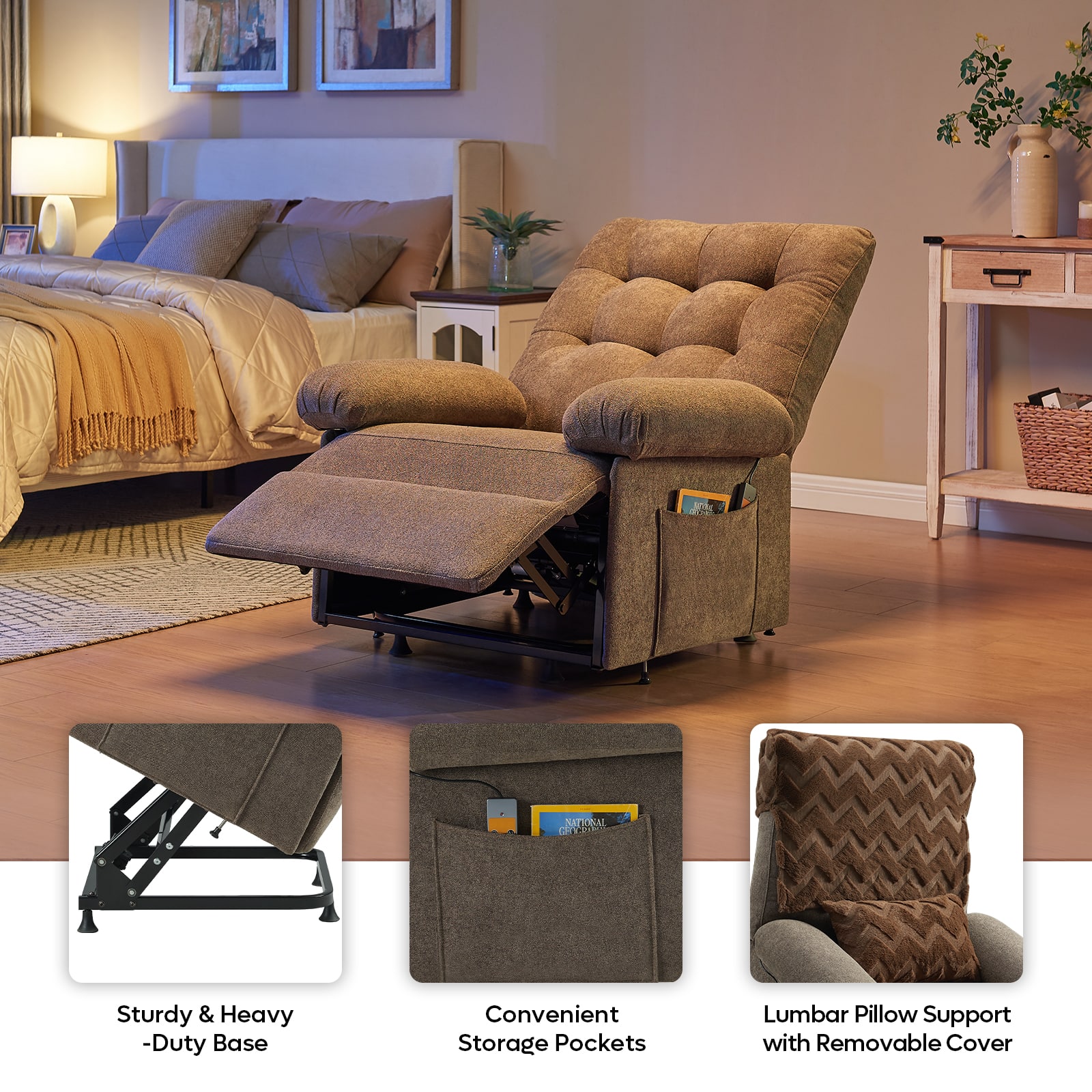 The image features a comfortable chair with a storage compartment underneath it. The chair is placed in a bedroom, and there is a bed nearby. The storage compartment has a removable cover, providing convenience and functionality. The chair is designed to provide lumbar pillow support, making it an ideal choice for those who want to maintain good posture and comfort while sitting.