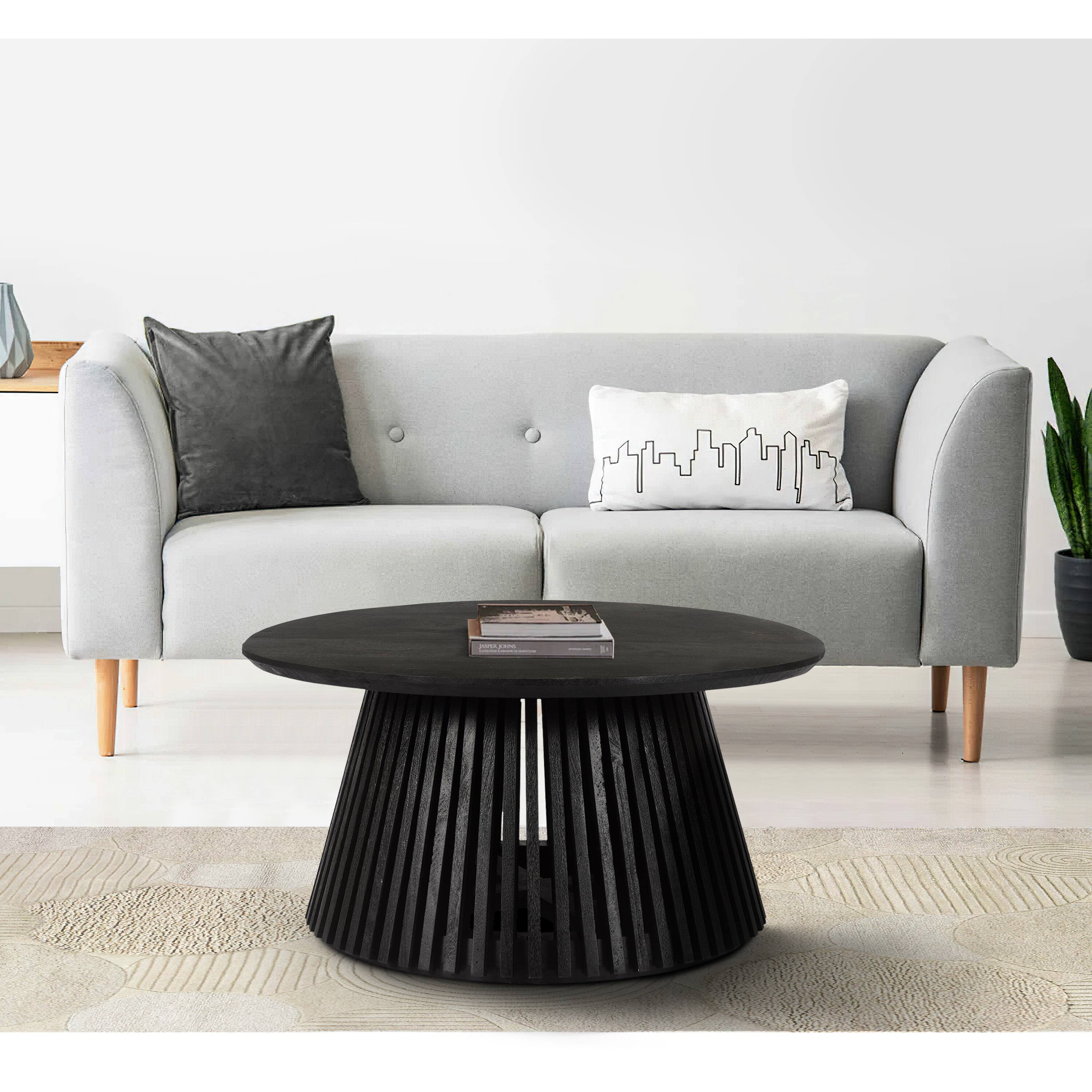 Alt View 9. Manhattan Lane - Ridge 32 Inch Handcrafted Round Coffee Table, Mango Wood, Slatted Flared Base - Black.