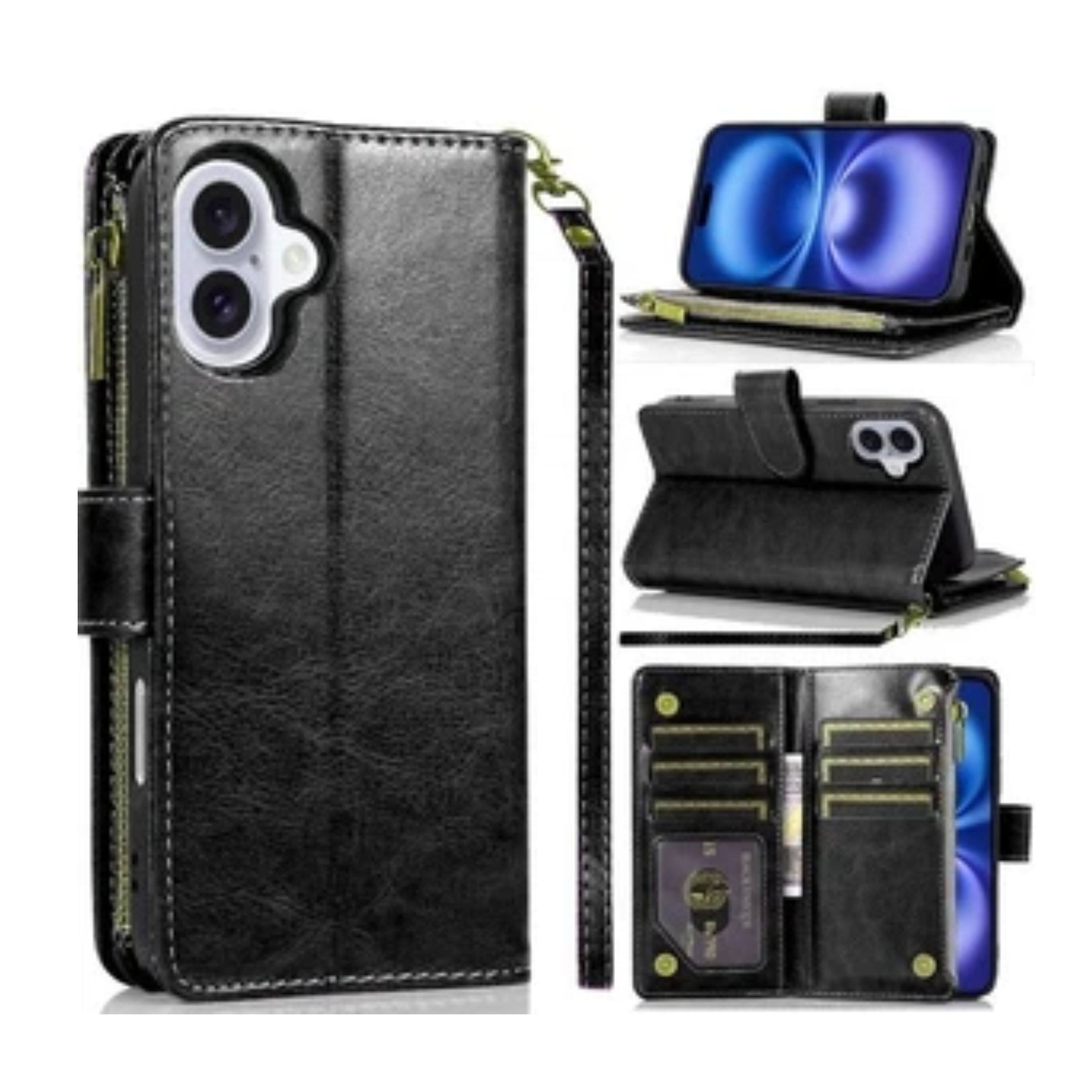 Angle. Kitcheniva - PU Leather Phone Wallet Phone Case With Zipper Tempered Glass For iPhone 17 Black - Black.