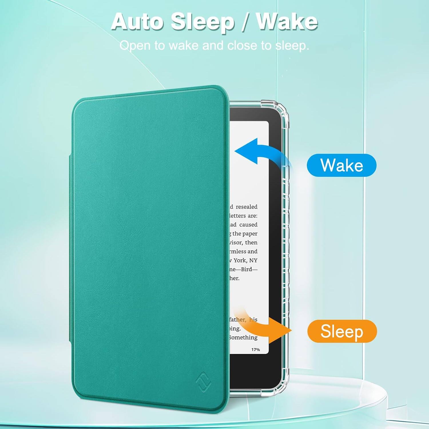 Auto Sleep/Wake  
Open to wake and close to sleep.  

Wake  
d resealed letters are: ad caused the paper isor, then mless and i York, NY ne-Bird- her.  

Sleep  
father, his ing. omething 17%