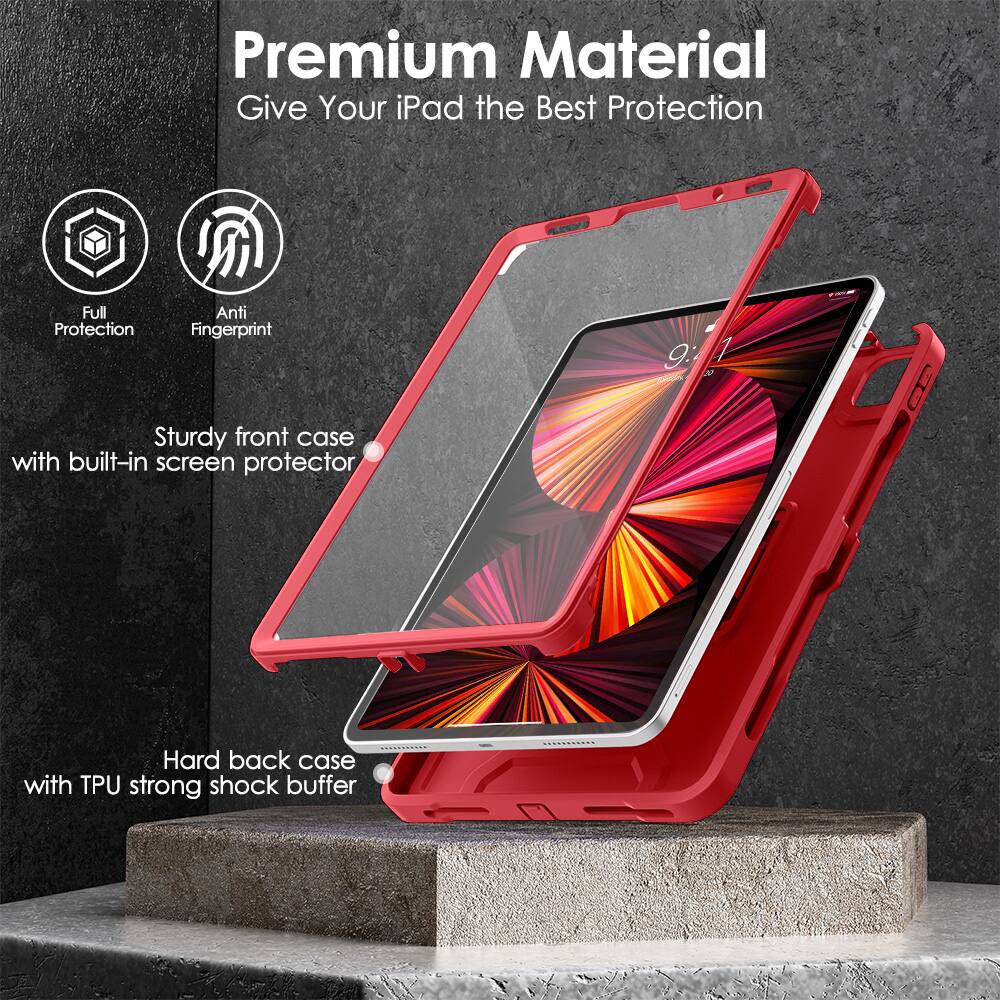 Premium Material  
Give Your iPad the Best Protection  

- Full Protection  
- Anti Fingerprint  

Sturdy front case with built-in screen protector  

Hard back case with TPU strong shock buffer