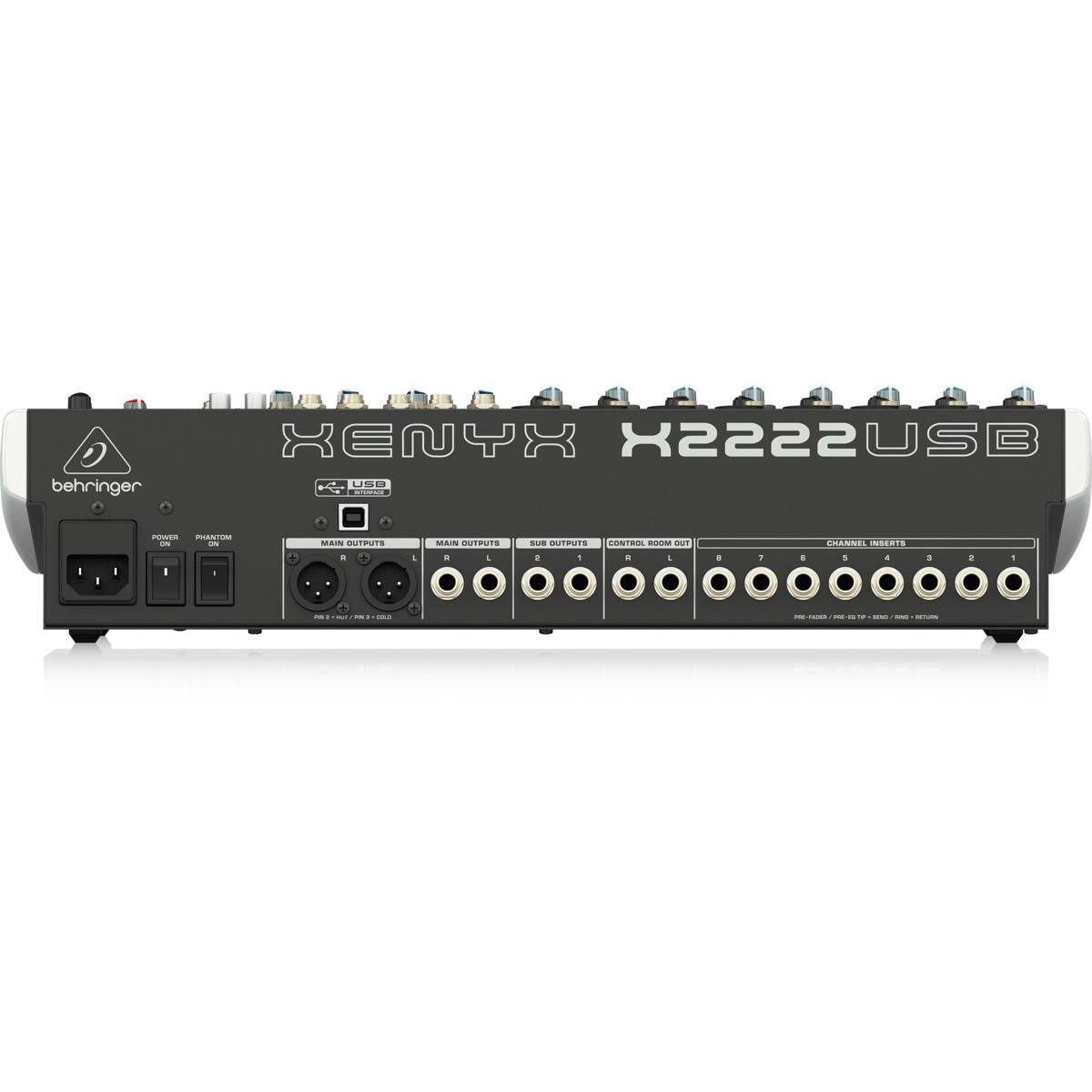 behringer XENYX X2222USB

- POWER
- PHANTOM
- MAIN OUTPUTS
- CONTROL ROOM OUT
- CHANNEL INSERTS

USB

- MAIN OUTPUTS
- CONTROL ROOM OUT
- CHANNEL INSERTS