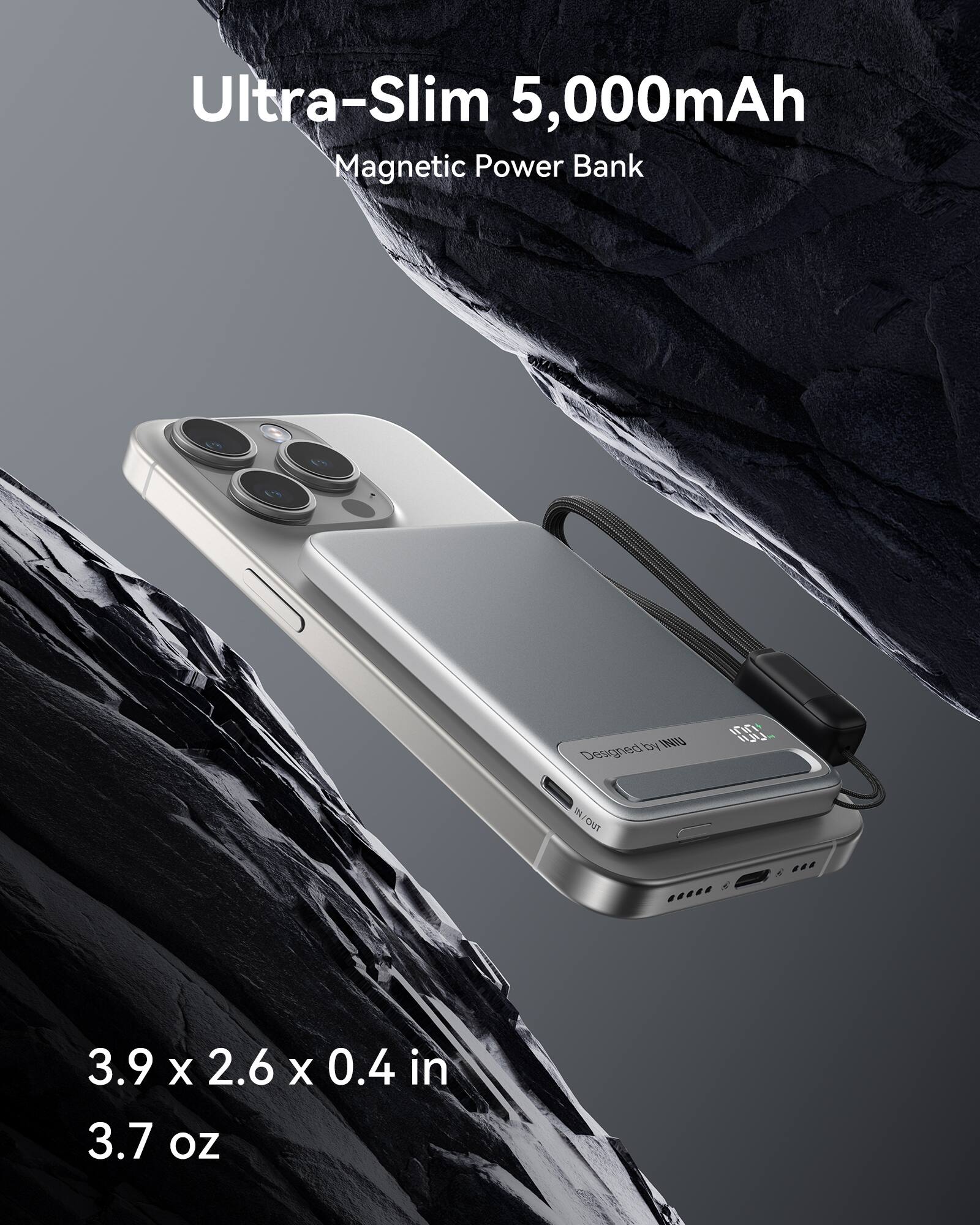 Ultra-Slim 5,000mAh Magnetic Power Bank

Designed by ENILA

3.9 x 2.6 x 0.4 in

3.7 oz
