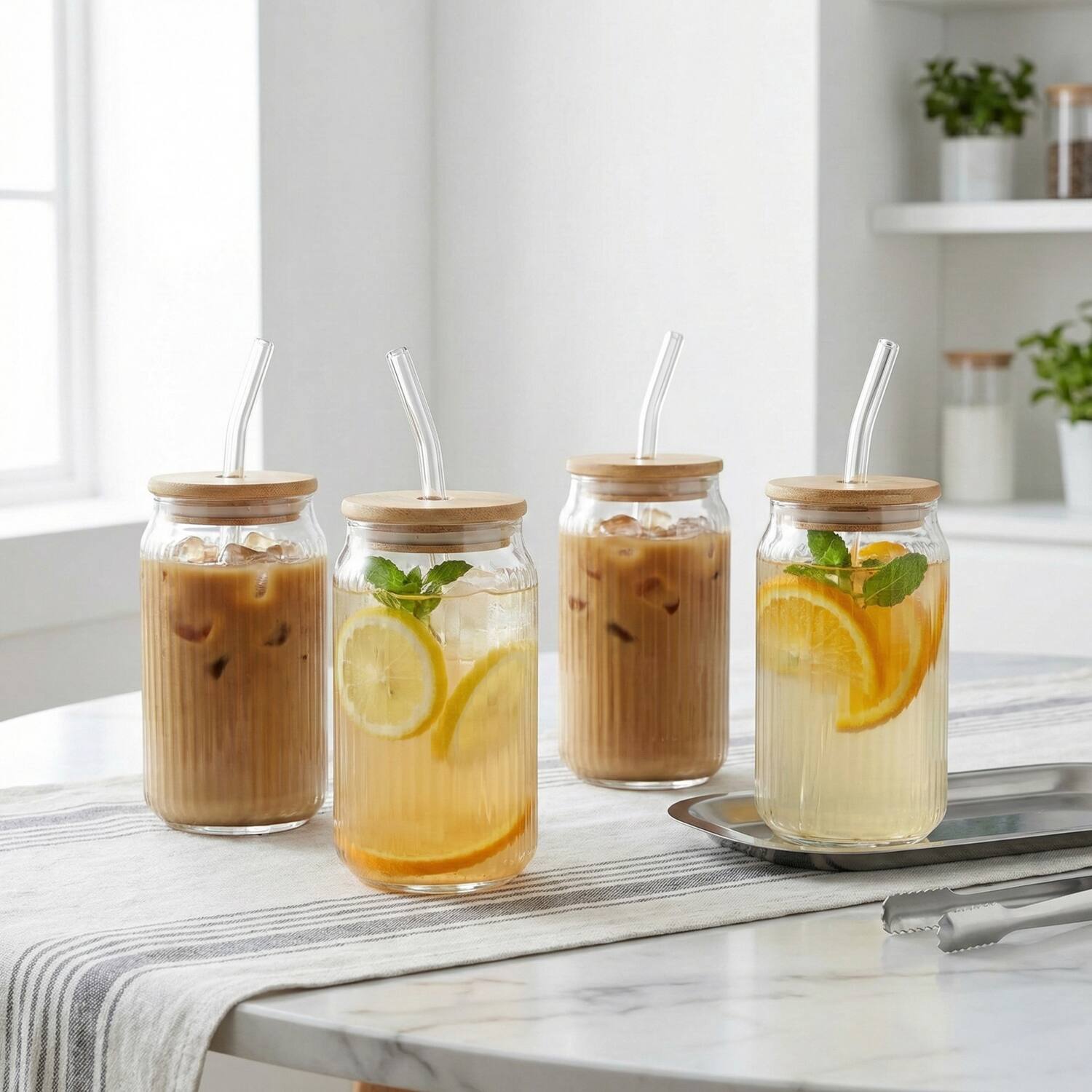 Left. Jay Import - Ribbed Set of 4 Glass Sippers 18oz - Clear.