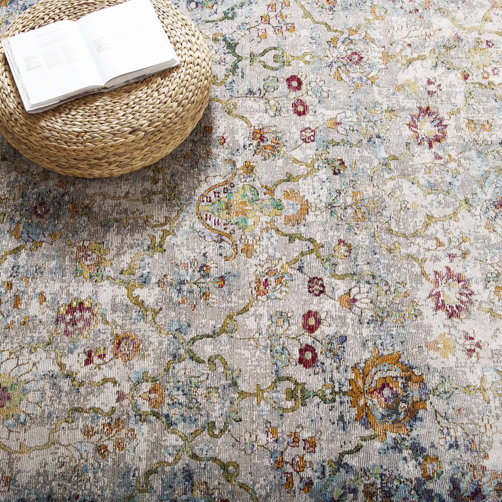 Left. Modway - Success Manuka Distressed Vintage Floral Lattice Area Rug - Multicolored.