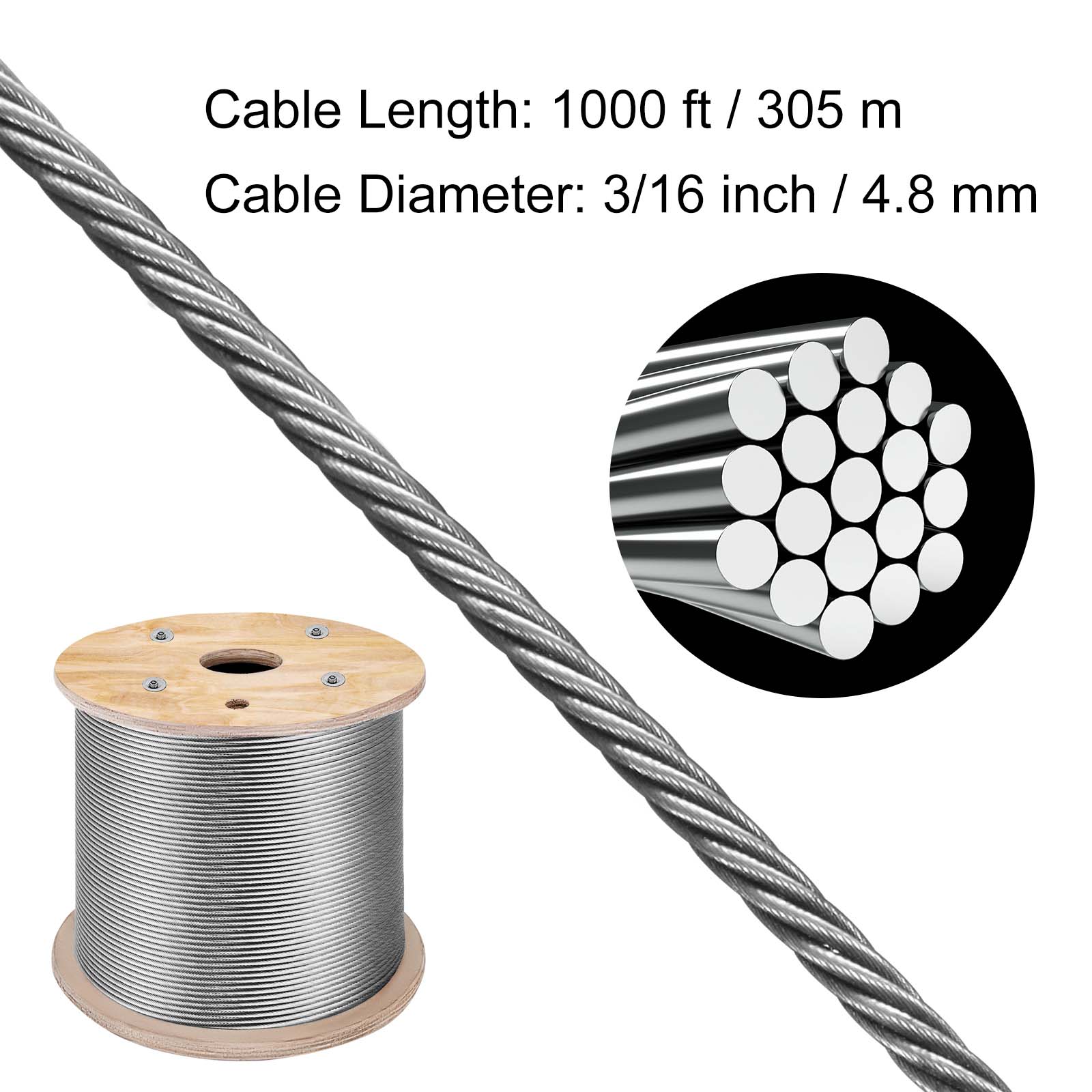Cable Length: 1000 ft / 305 m  
Cable Diameter: 3/16 inch / 4.8 mm