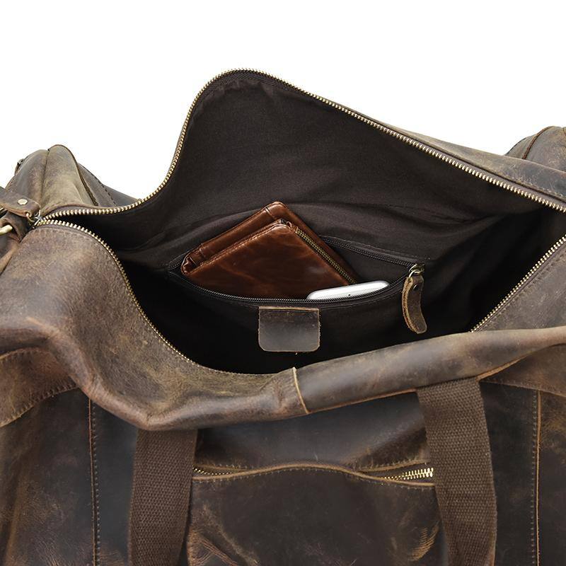 Left. Steel Horse Leather - The Colden Duffle Bag | Large Capacity Leather Weekender - Dark Brown.