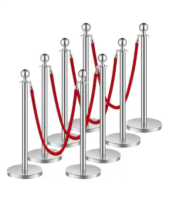 Front. VEVOR - Stanchions and Velvet Ropes 8Pcs, Hollow Base with Stainless Steel Post, 4 Red Velvet Ropes and Posts - Silver red velvet.