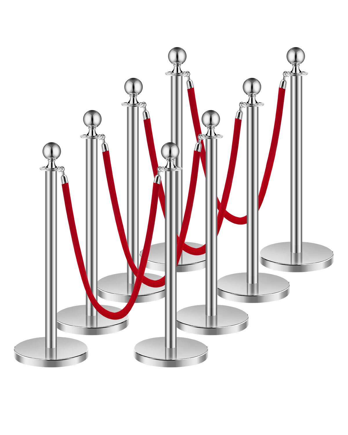 Front. VEVOR - Stanchions and Velvet Ropes 8Pcs, Hollow Base with Stainless Steel Post, 4 Red Velvet Ropes and Posts - Silver red velvet.