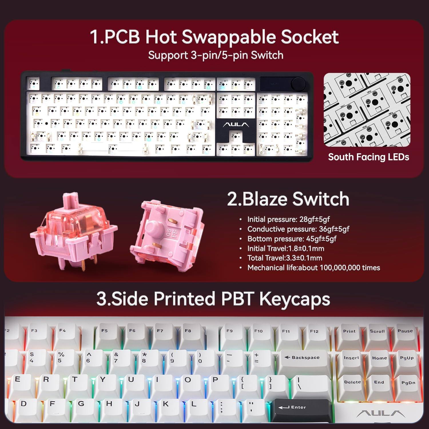 1. PCB Hot Swappable Socket  
   Support 3-pin/5-pin Switch  
   AULA South Facing LEDs

2. Blaze Switch  
   - Initial pressure: 28gf±5gf  
   - Conductive pressure: 36gf±5gf  
   - Bottom pressure: 45gf±5gf  
   - Initial Travel: 1.8±0.1mm  
   - Total Travel: 3.3±0.1mm  
   - Mechanical life: about 100,000,000 times

3. Side Printed PBT Keycaps  
   F3 F4 F5 F6 F7 F8 F9 F10 F11 F12  
   Print Scroll Pause  
   4 % 5 & 6 * 7 ( 8 ) 9 0 + - Backspace  
   Insert Home PgUp E R T Y U I O P { [ } ] Delete End PgDn  
   D F G H J K L Enter