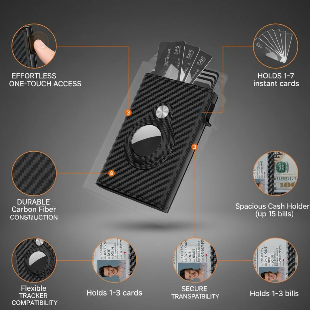 EFFORTLESS ONE-TOUCH ACCESS

DURABLE Carbon Fiber CONSTRUCTION

HOLDS 1-7 instant cards

Spacious Cash Holder (up to 15 bills)

Flexible TRACKER COMPATIBILITY

Holds 1-3 cards

SECURE TRANSPARENCY

Holds 1-3 bills