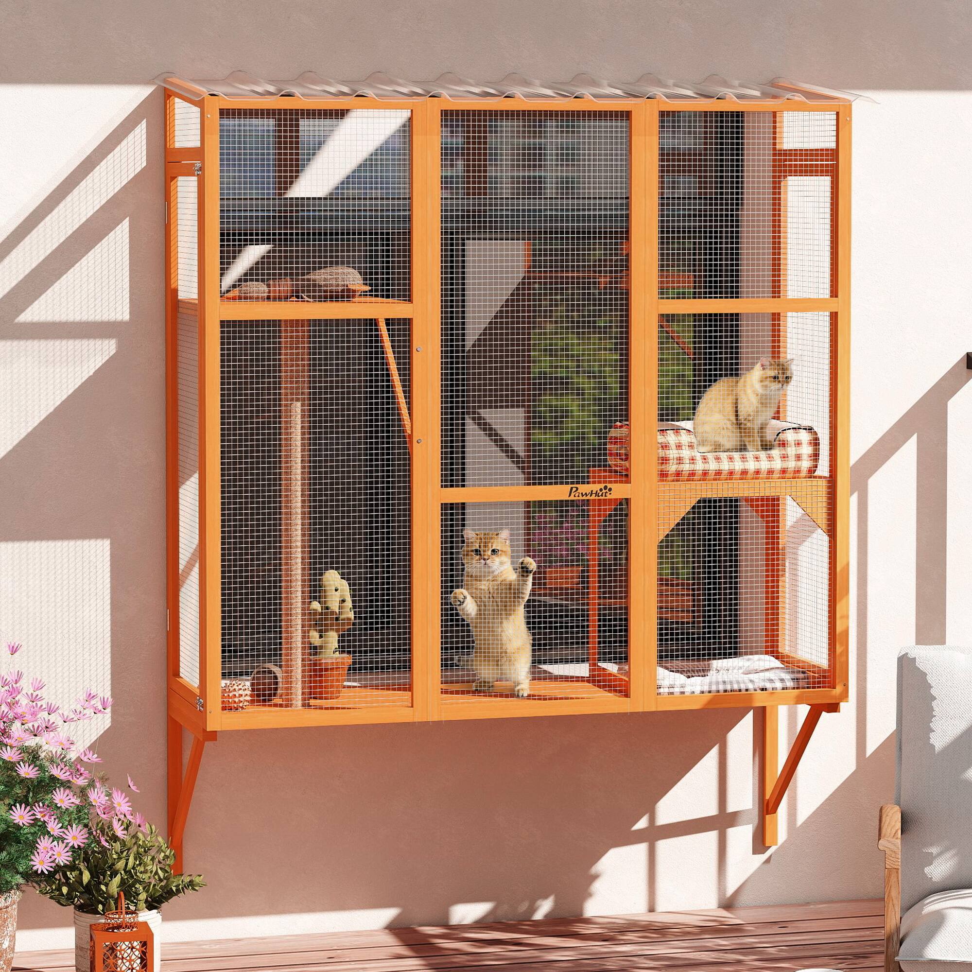Alt View 1. Pawhut - Outdoor, Window Catio for 2-3 Large Indoor Cats w/ 2 Jumping Platforms, Scratching Post - Orange.