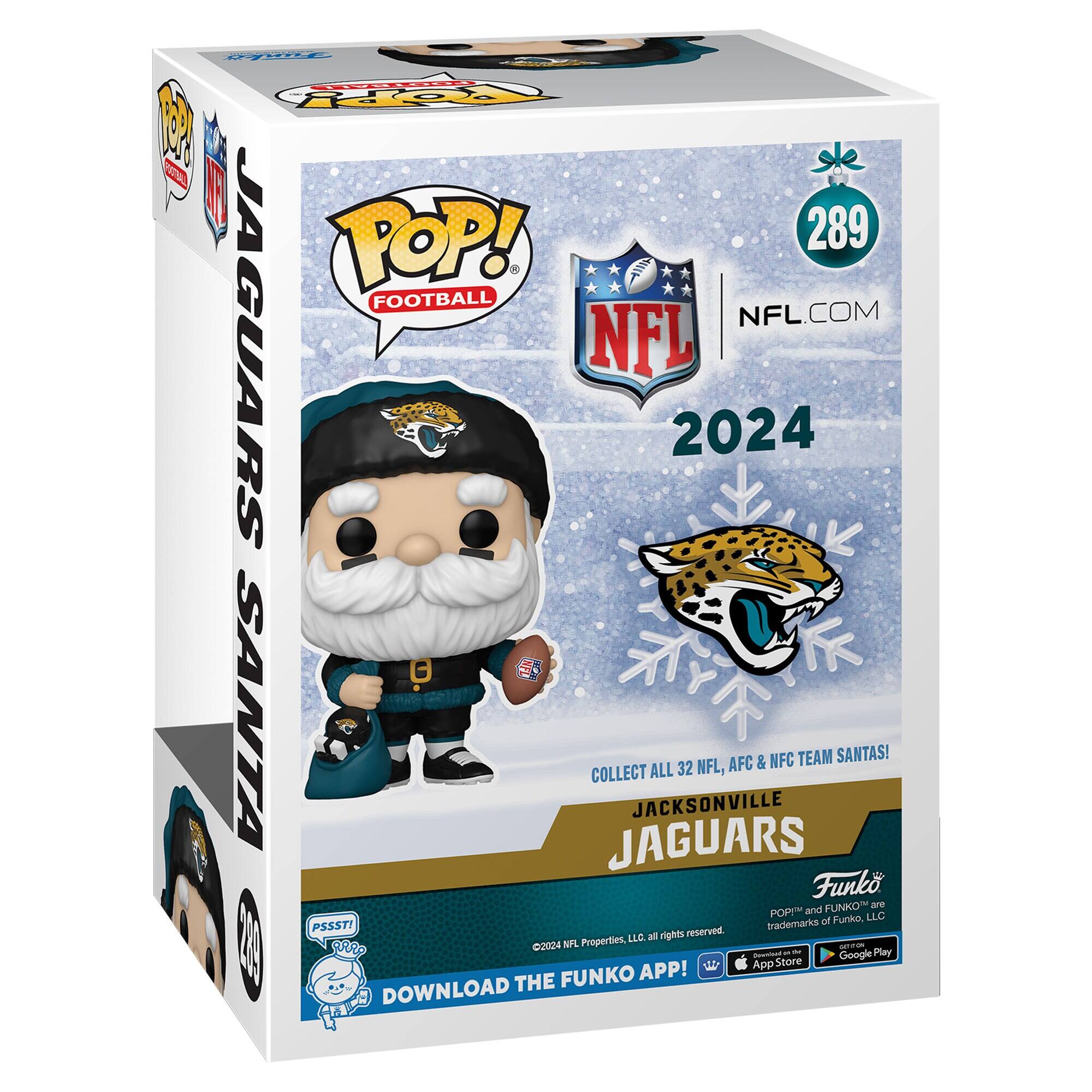 Sure, here is the corrected and grouped text from the image:

---

**JAGUARS SANTA**

**POP! FOOTBALL**

**NFL 2024**

**COLLECT ALL 32 NFL, AFC & NFC TEAM SANTAS!**

**JACKSONVILLE JAGUARS**

**Funko**

**NFL.COM**

**289**

**PSSST!**

**DOWNLOAD THE FUNKO APP!**

**©2024 NFL Properties, LLC. All rights reserved.**

**©2024 POP! and FUNKO are trademarks of Funko LLC. All rights reserved.**

**App Store Google Play**

---

This text is organized to reflect the information on the packaging.
