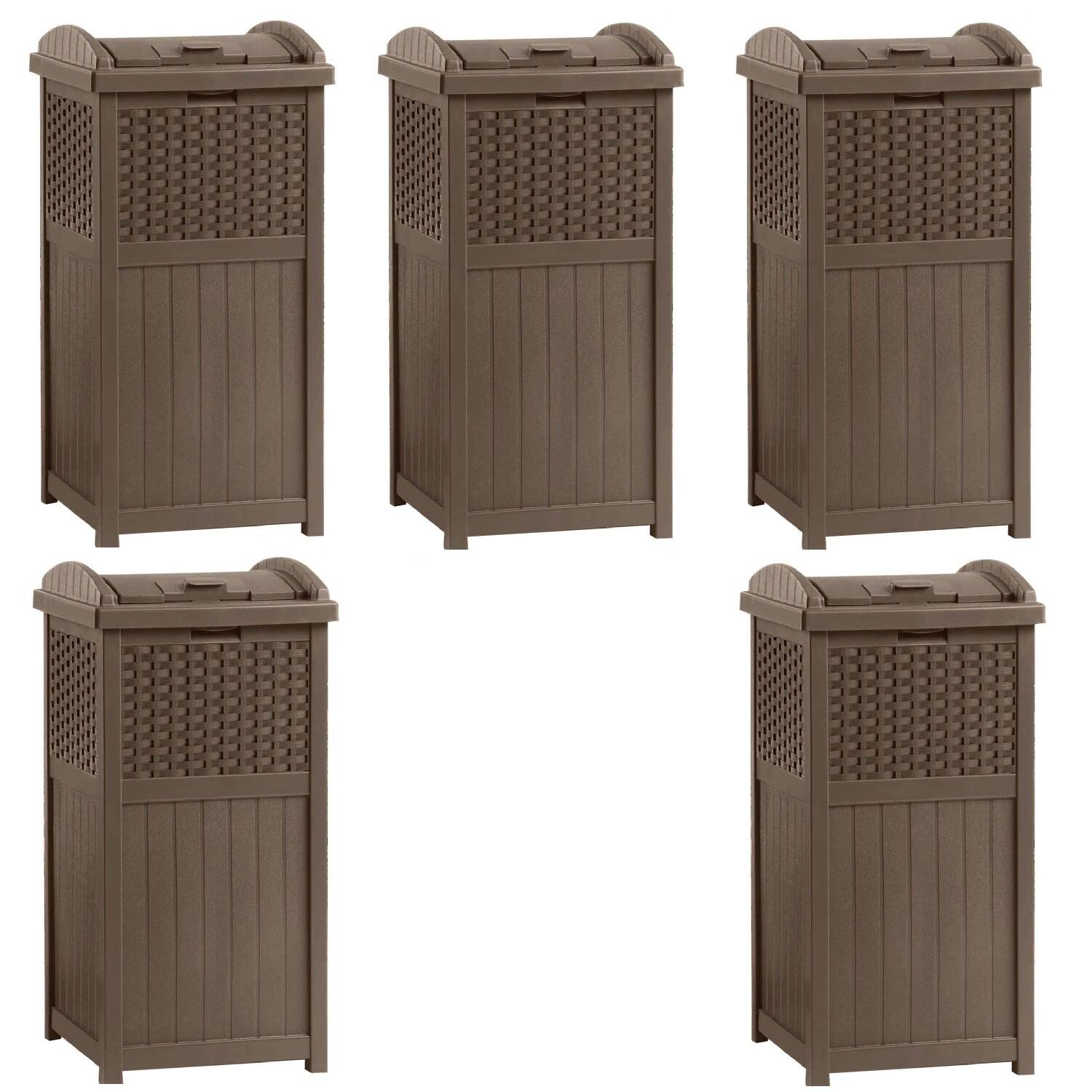 Front. Suncast - Suncast Trash Hideaway 33 Gallon Resin Wicker Outdoor Garbage Container (5 Pack) - Brown.