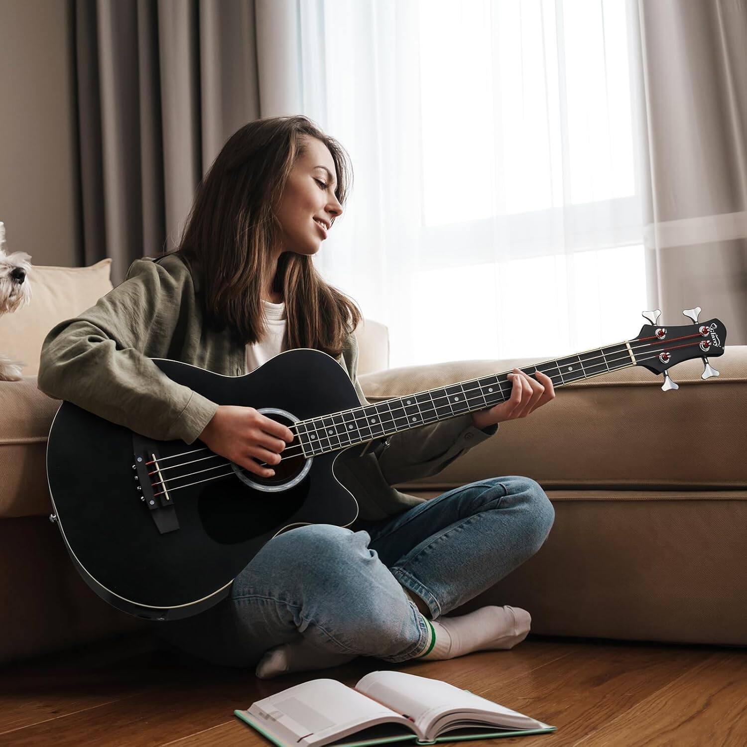 Alt View 2. Winado - Full Size Acoustic Electric Bass Guitar Beginner Kit, Cutaway 4 Strings Electric Acoustic Bass Guitar w/Inbuilt Tuner.