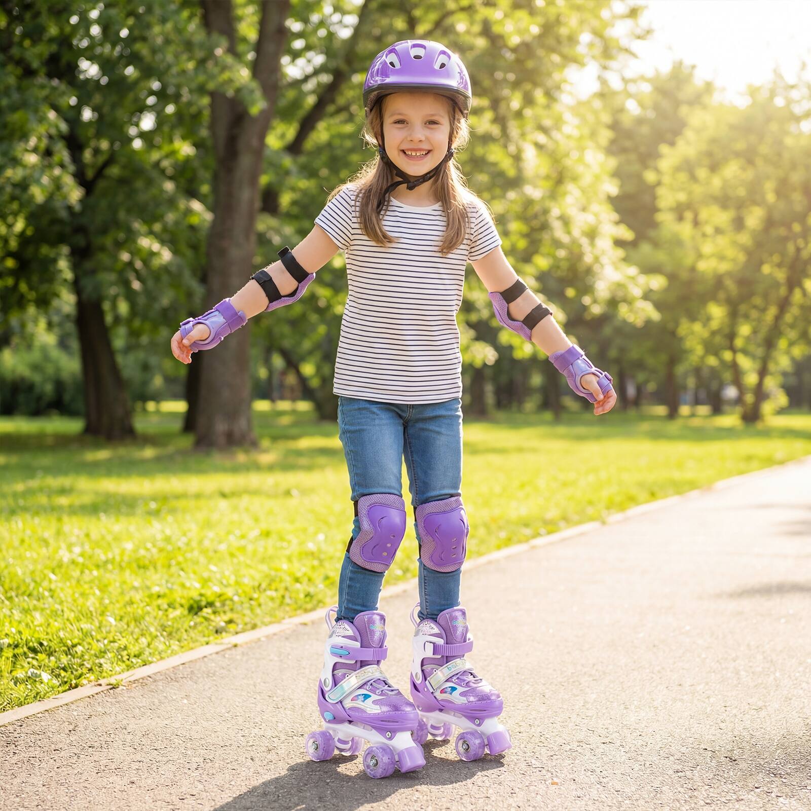 Alt View 1. Gymax - Gymax Kids Roller Skates 4 Sizes Adjustable Quad Skates w/Light-up Wheels for Ages 3-9 Purple - Purple.