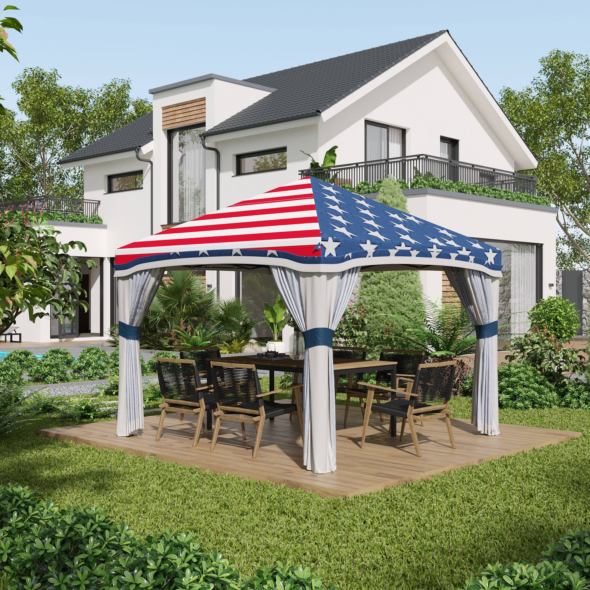 Alt View 1. Outsunny - 10' x 10' Pop Up Canopy Tent with Netting, Instant Tents for Parties, Height Adjustable, with Wheeled Carry Bag - American Flag.