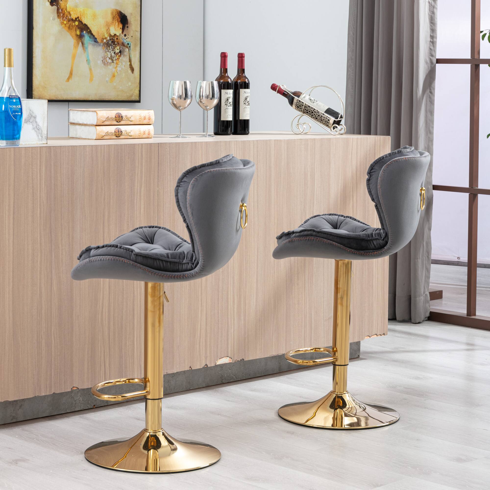 Alt View 5. GOODSILO - Set of 2 Adjustable Swivel Bar Stools with Chrome Footrest and Velvet Upholstery - Grey.