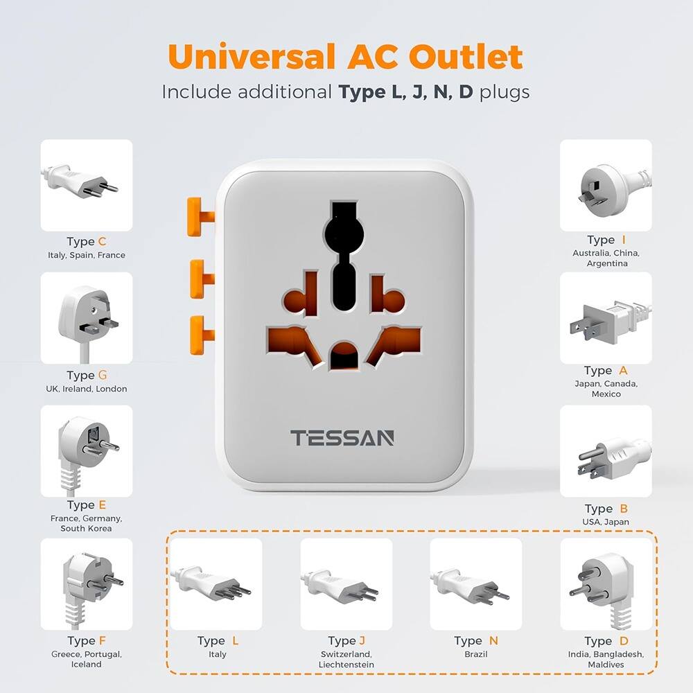 Universal AC Outlet  
Include additional Type L, J, N, D plugs  

Type C  
Italy, Spain, France  

Type G  
UK, Ireland, London  

Type E  
France, Germany, South Korea  

Type F  
Greece, Portugal, Iceland  

Type L  
Italy  

Type J  
Switzerland, Liechtenstein  

Type N  
Brazil  

Type D  
India, Bangladesh, Maldives  

Type I  
Australia, China, Argentina  

Type A  
Japan, Canada, Mexico  

Type B  
USA, Japan