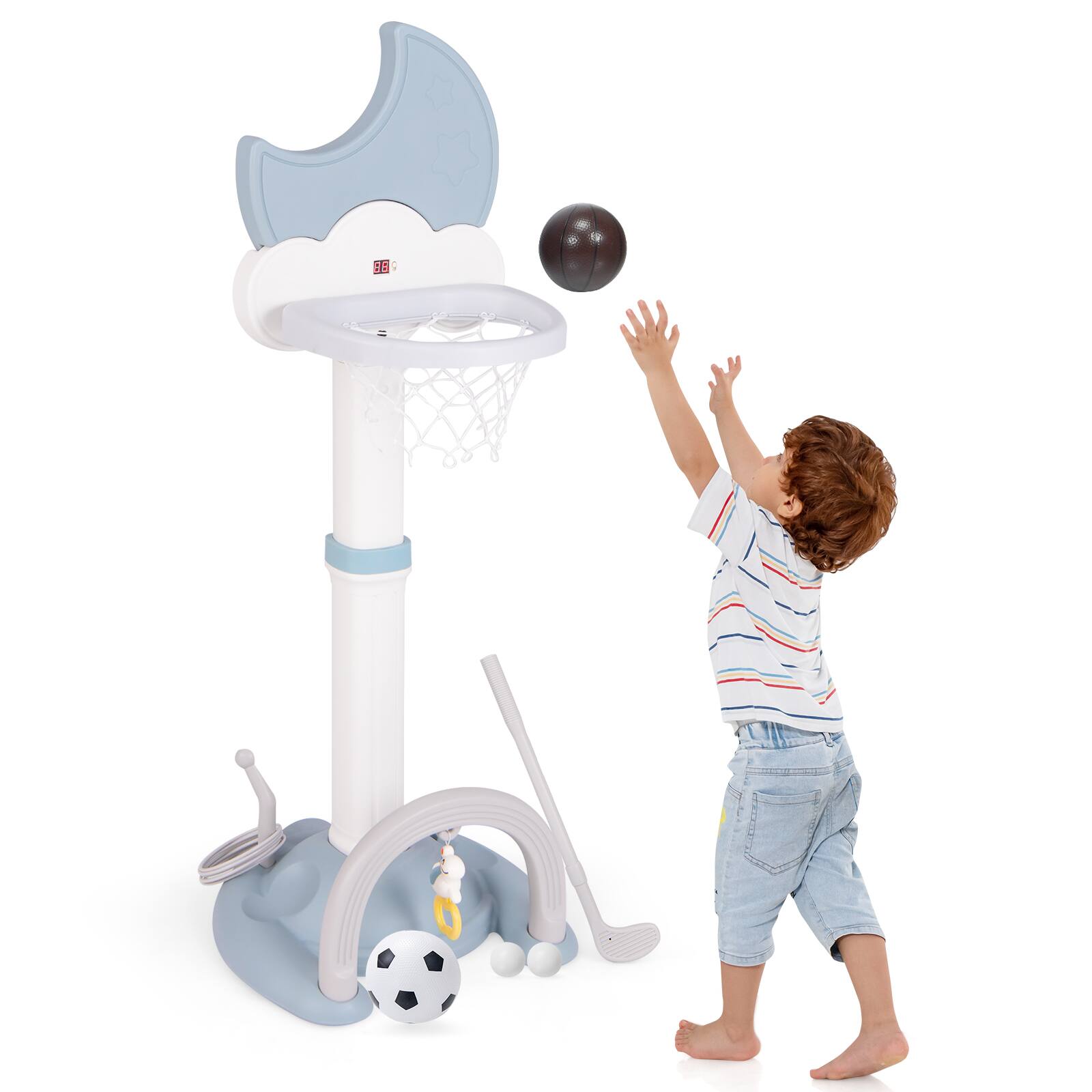 Left. SlickBlue - Kids 4-in-1 Basketball Playset with Moon-Shaped Electronic Scoreboard - White, Blue.