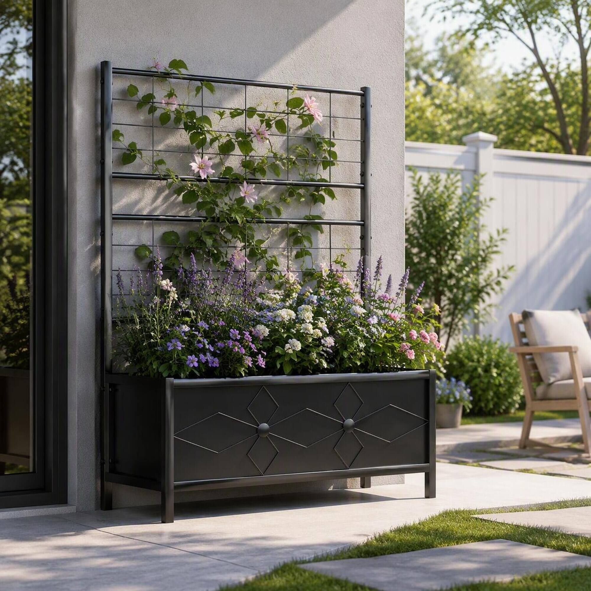 Back. RYHNUYNE - Galvanized Raised Garden Bed with Trellis for Climbing Vines, Black Steel Planter Box for Outdoor Vegetable - Black.