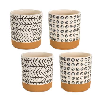 Front. BreeBe - Geometric Patterned Pot with Terra Cotta Accent (Set of 4) - Brown, White.