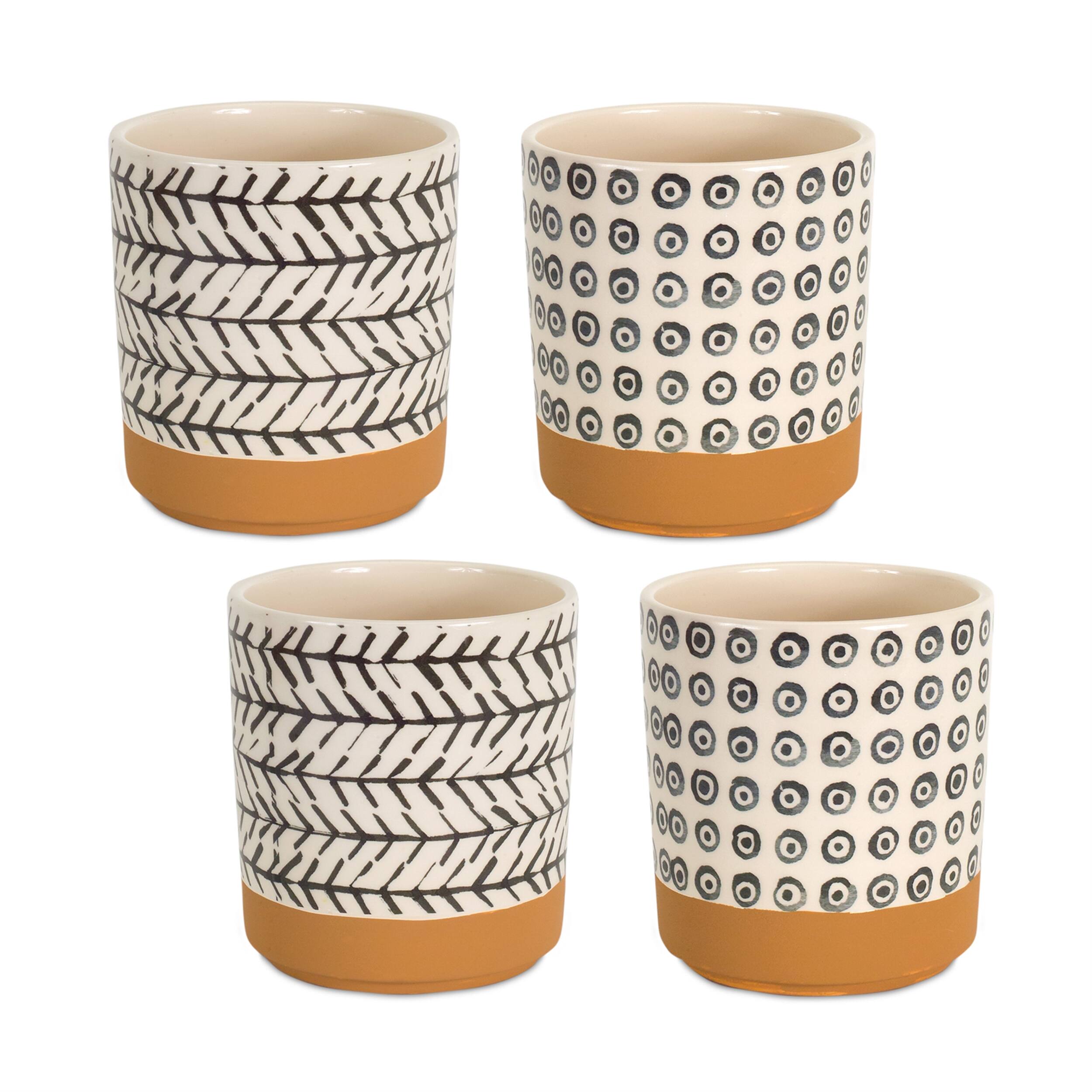 Front. BreeBe - Geometric Patterned Pot with Terra Cotta Accent (Set of 4) - Brown, White.