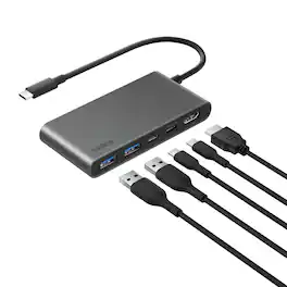 Belkin - 5-Port Hub w/ 4K HDMI Display @ 60Hz, 100W Power Delivery, Fast Data Transfer 5Gbps, USB-C Multiport Adapter - Space Gray