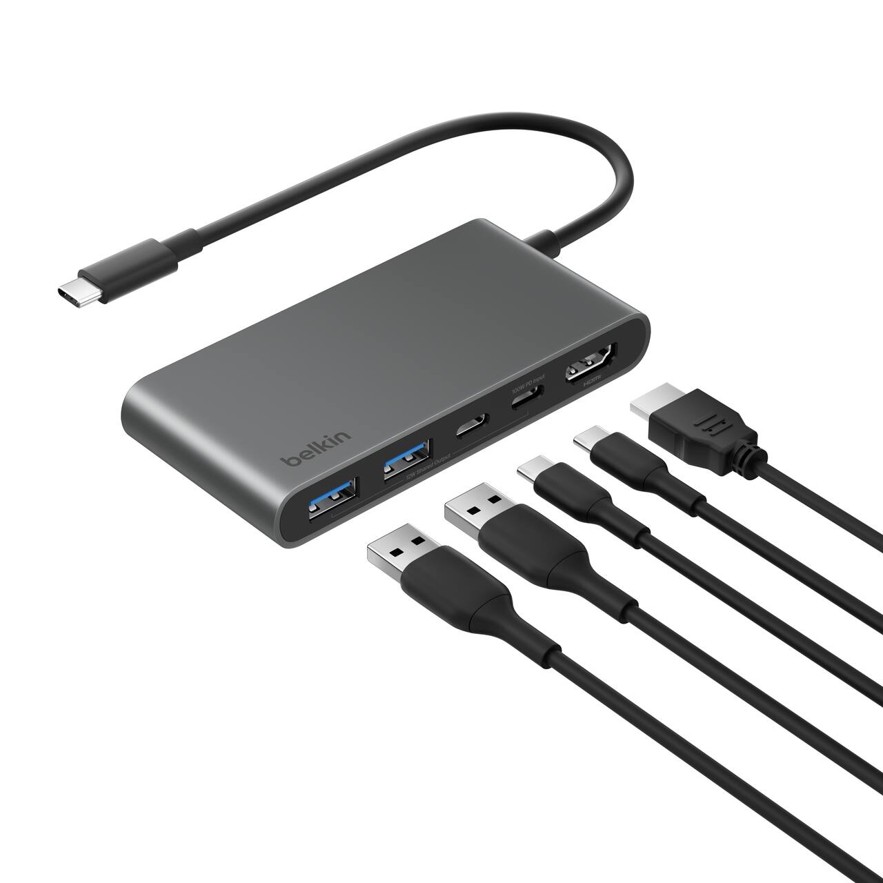 Belkin - 5-Port Hub w/ 4K HDMI Display @ 60Hz, 100W Power Delivery, Fast Data Transfer 5Gbps, USB-C Multiport Adapter - Space Gray